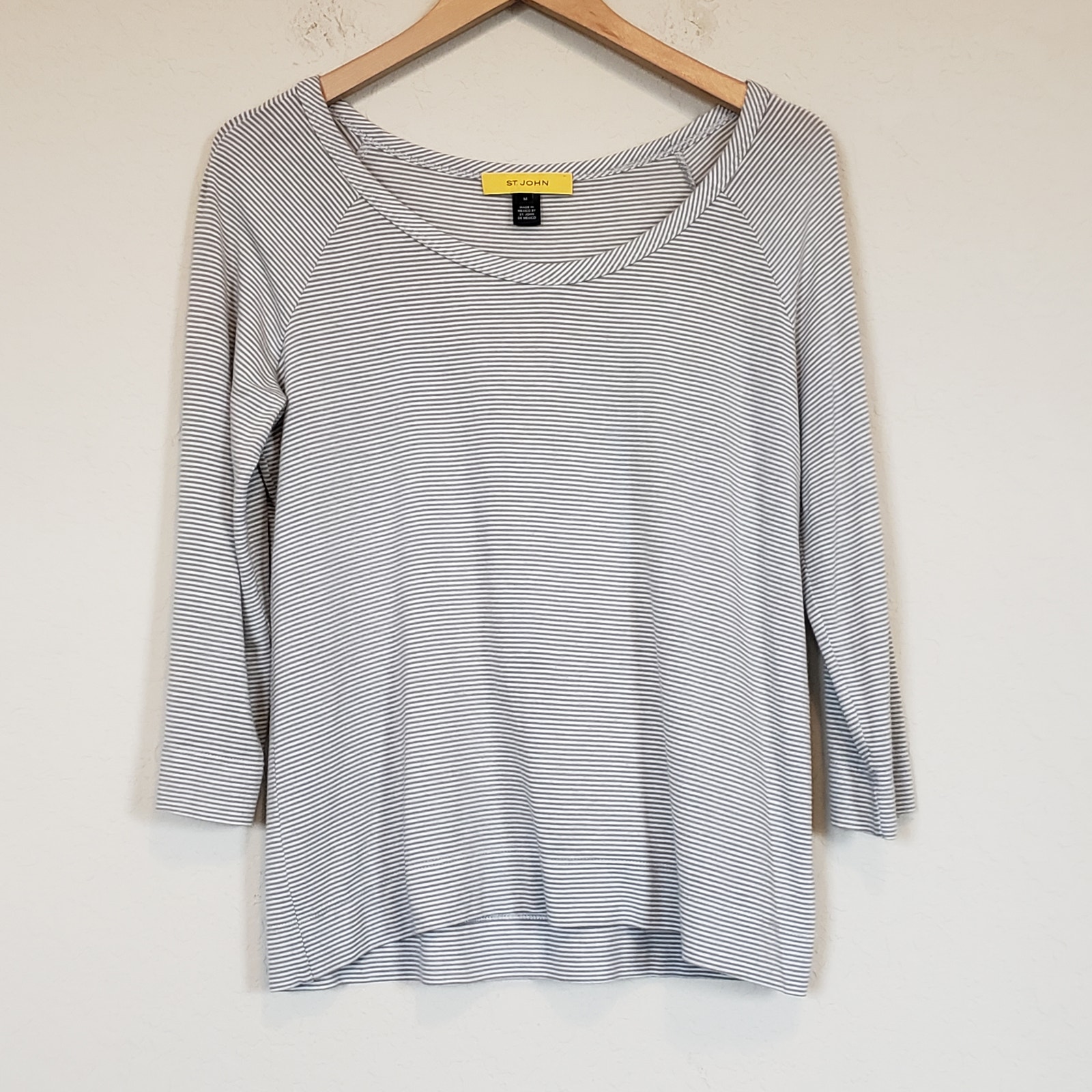 St. John Gray White Mini Striped 3/4 Sleeves Top Women's Medium
