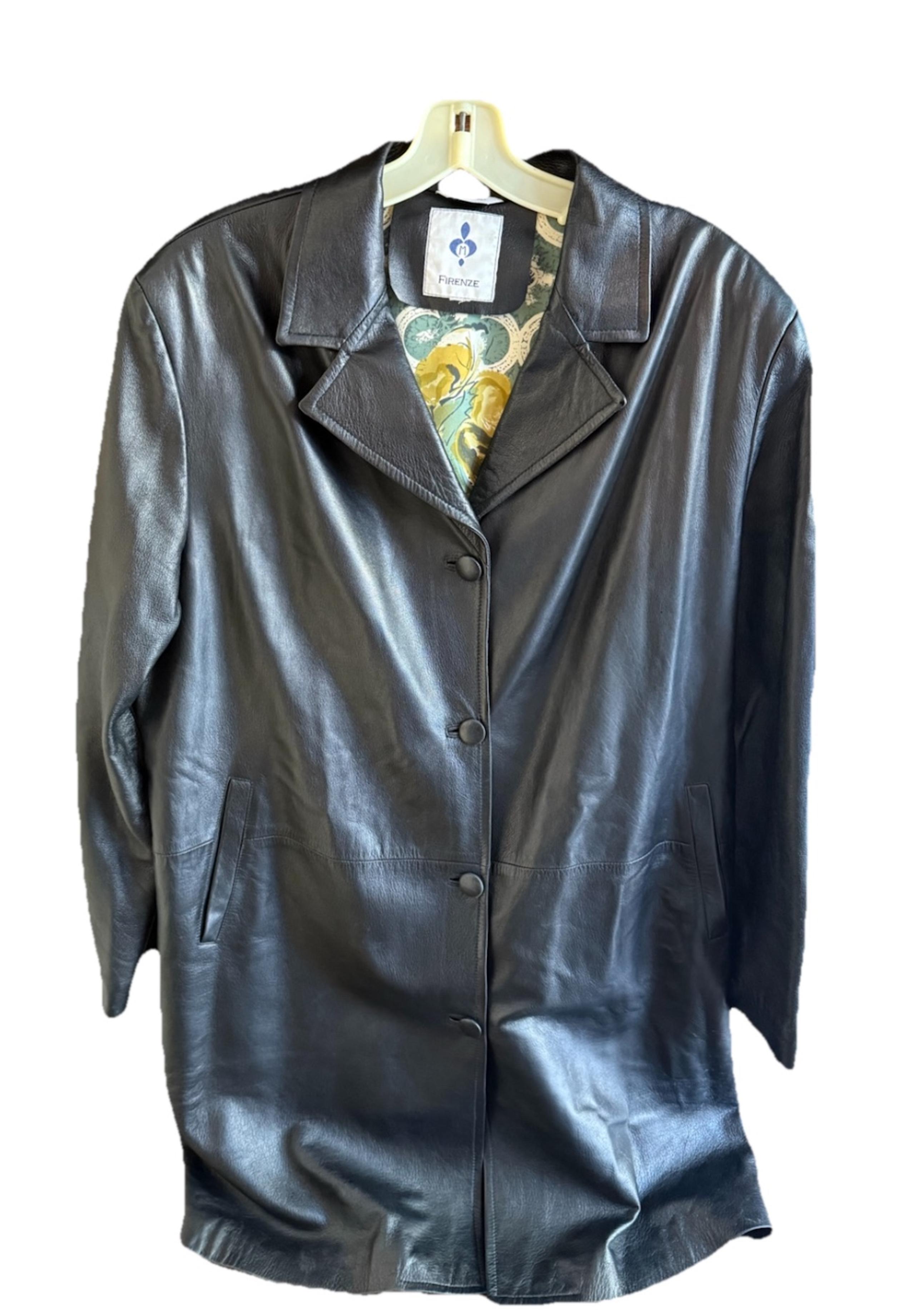 Firenze Leather Jacket Womens Long MADE IN ITALY Coat Black Floral Lined L / XL - CLAUDIA FIRENZE