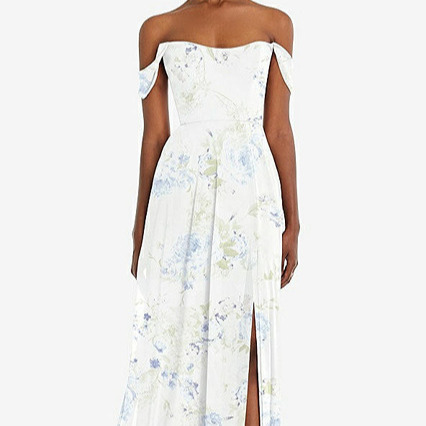 After Six 1560..Off-the-Shoulder Basque Neck Maxi Dress.....Bleu Garden..Sz 10