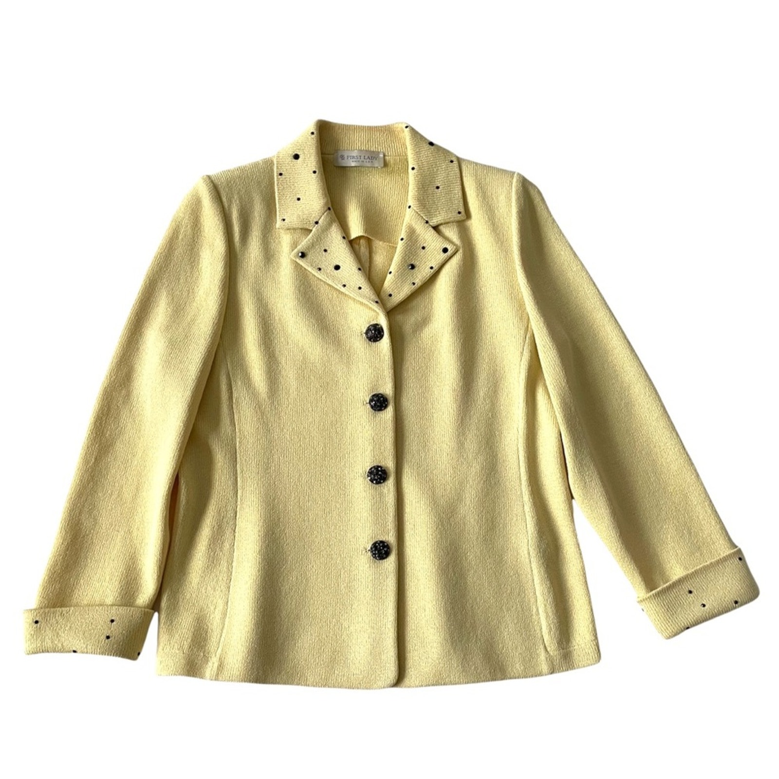 First Lady Knit Jacket Soft Pale Yellow with Black Buttons Wool Blend Vintage M