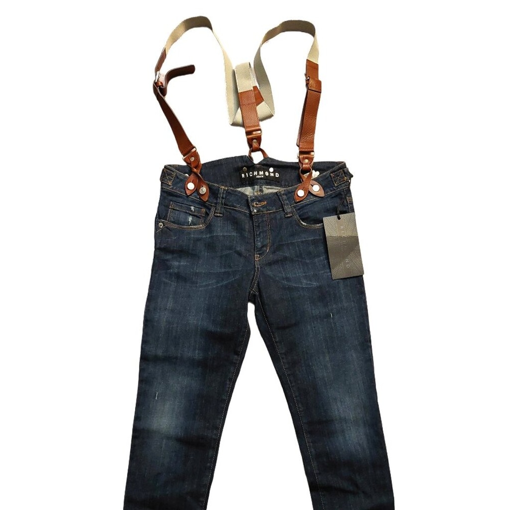 John Richmond Cuffed Clam Digger Capri Blue Denim Jeans w/ Suspenders Sz 28 NWT