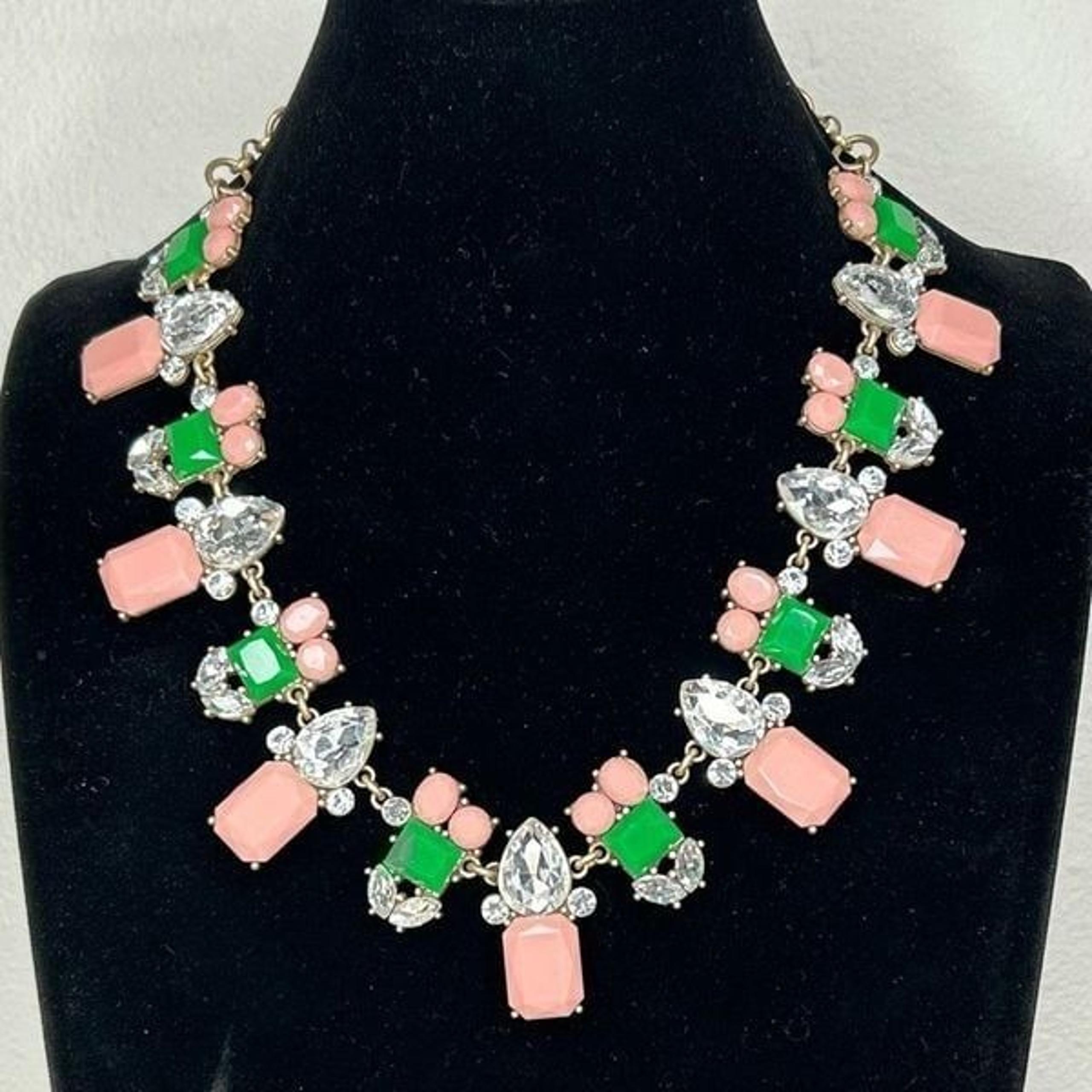 Ivy Box J. Crew Statement Necklace Gold-tone Chain Pink Green & Clear Stones