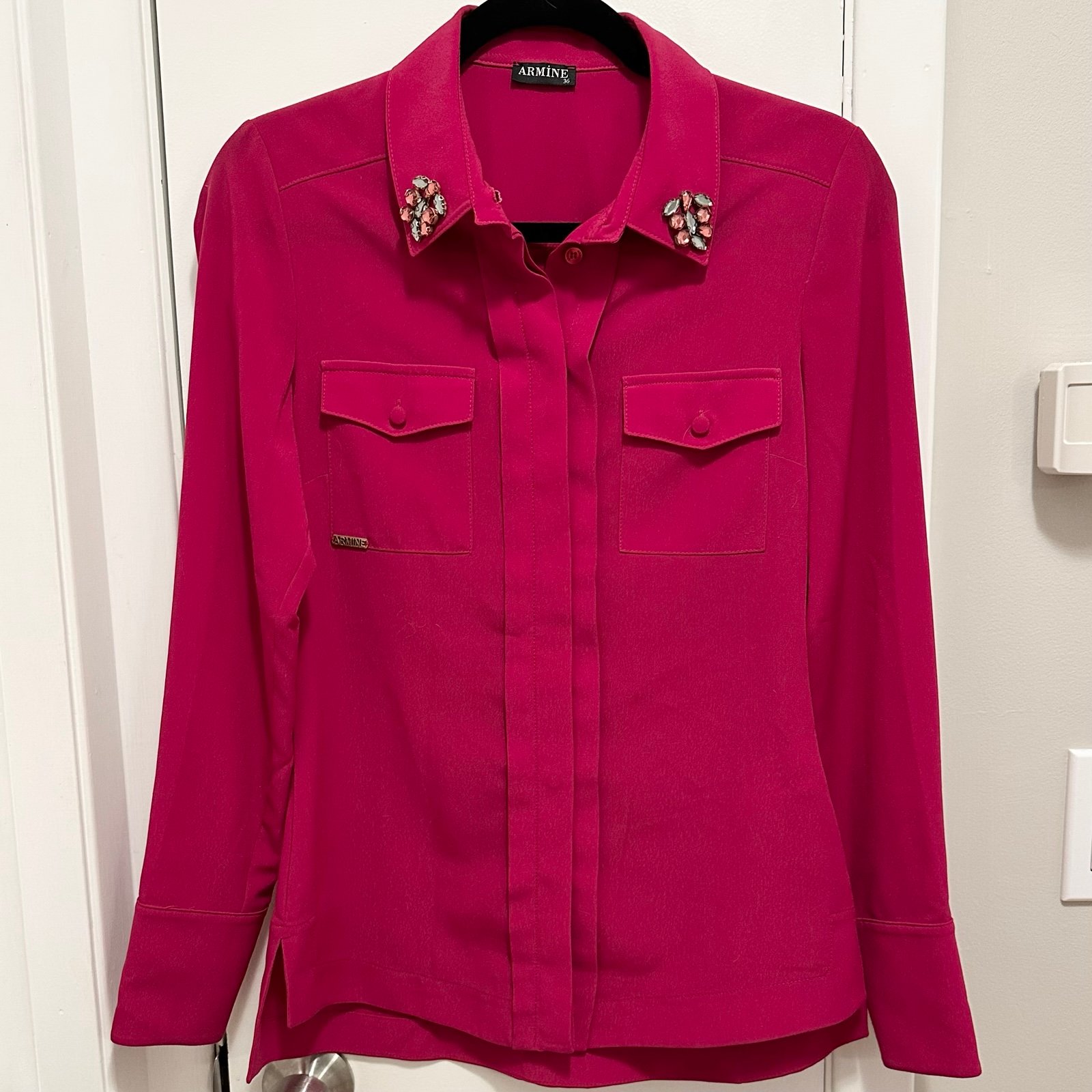 ARMiNE Button Up Gemstone Collared Blouse Womens S Top Pink Fuchsia Rhinestone