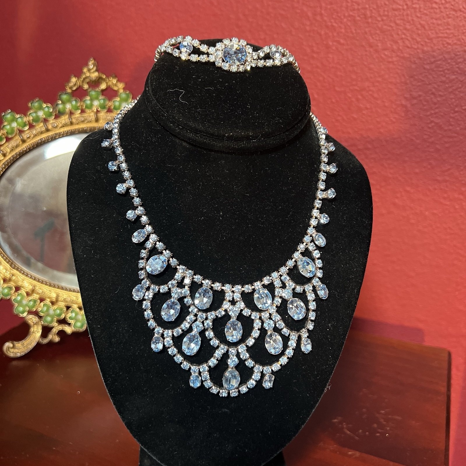 vintage unsigned Kramer blue Rhinestone waterfall bracelet& necklace set