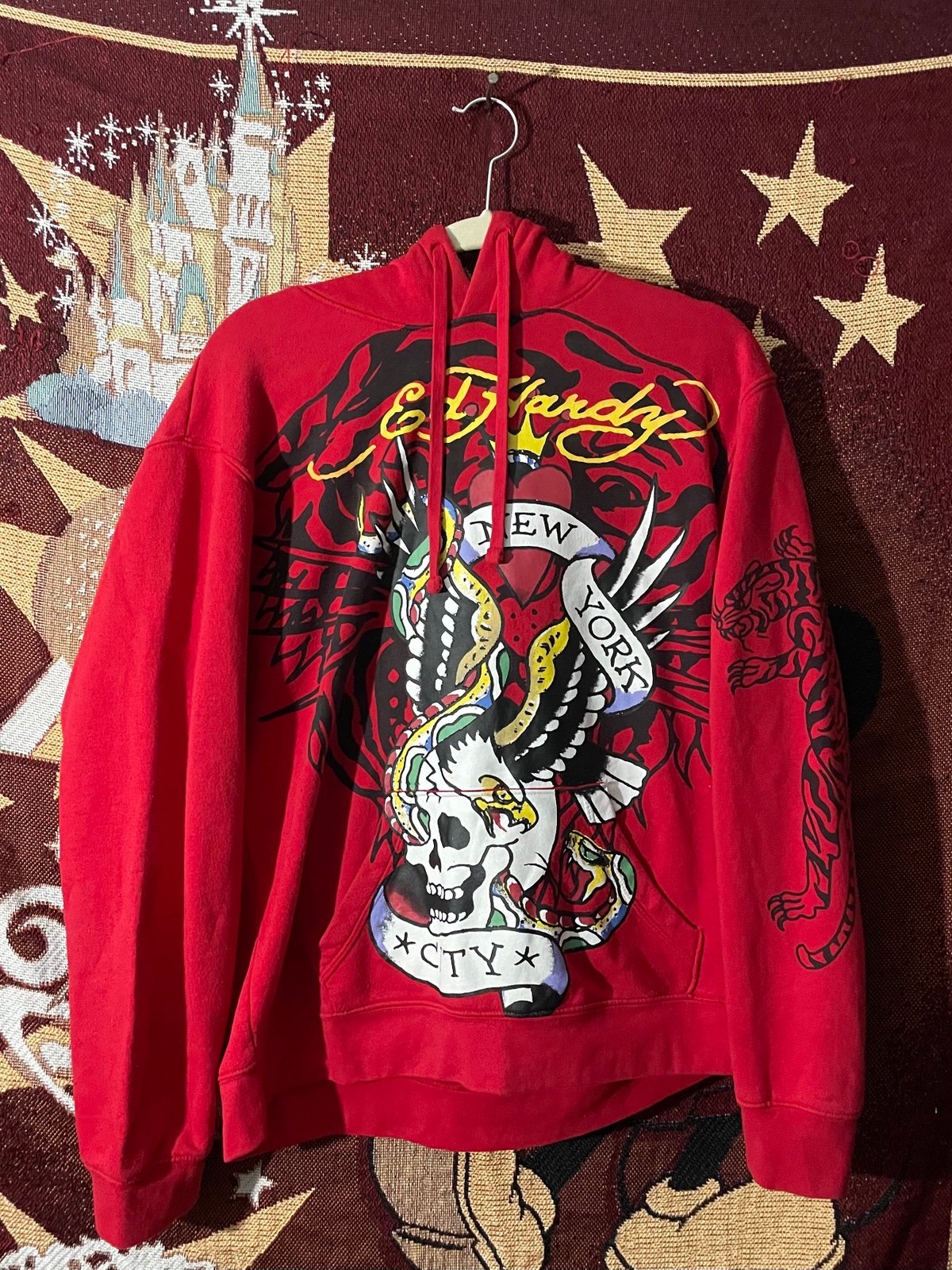 Ed Hardy Eagle Skull Snake New York Red Hoodie Pullover Men's Medium EUC