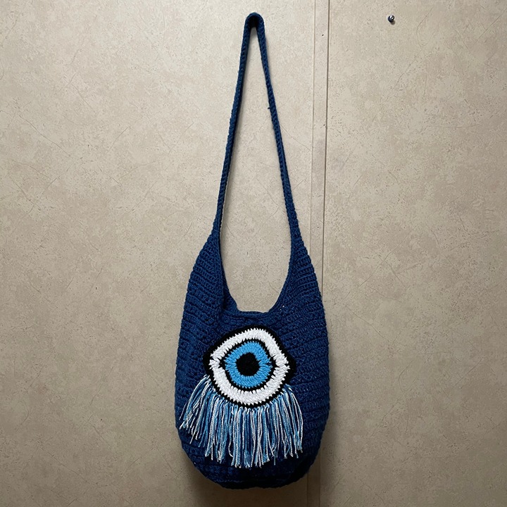 Evil-Eye Knit Blue Hobo Bag For Women Size M