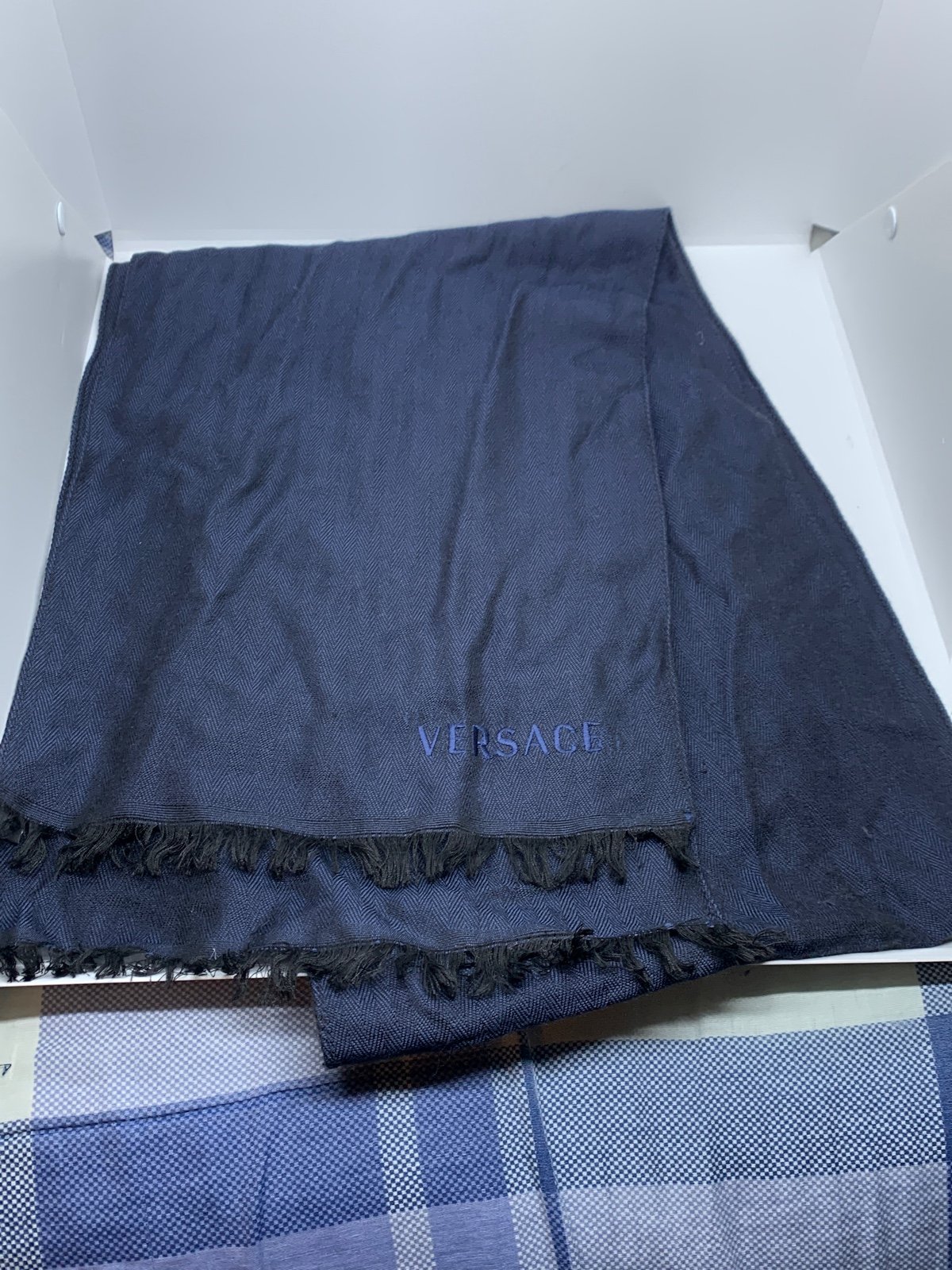 Versace wool/silk blue lightweight scarf fringe
