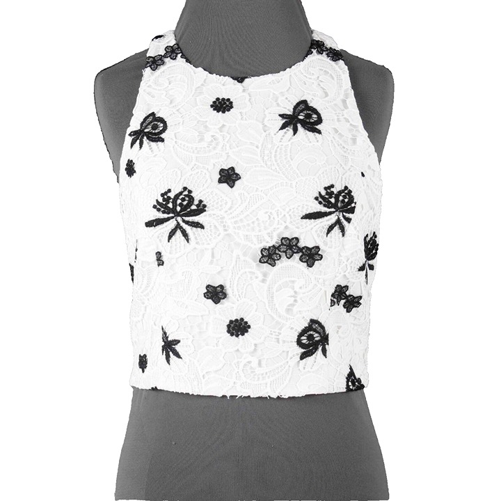 Alice Olivia NEW 220 Sz 10 White Black Lace Overlay Lined Poly Blend CropTop