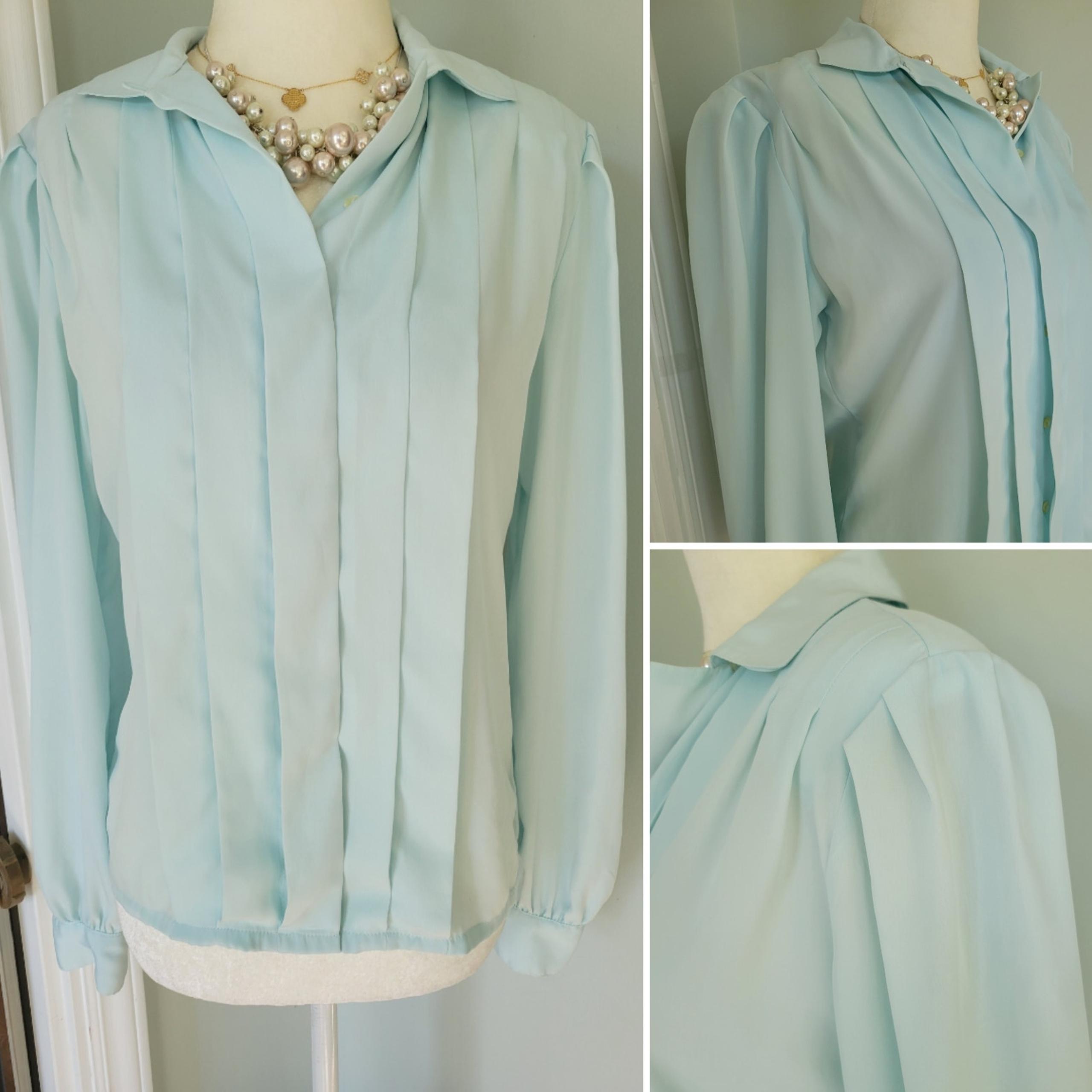 Vintage 80s Nicola Paneled Satin Blouse Pale Baby blue Women's Size Small