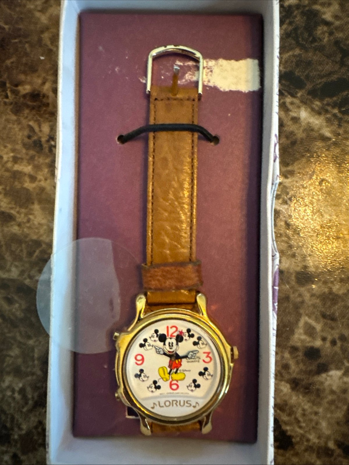VTG Lorus Mickey Mouse Watch V501-0130 Disney Gold Quartz Brown Leather RZJ084