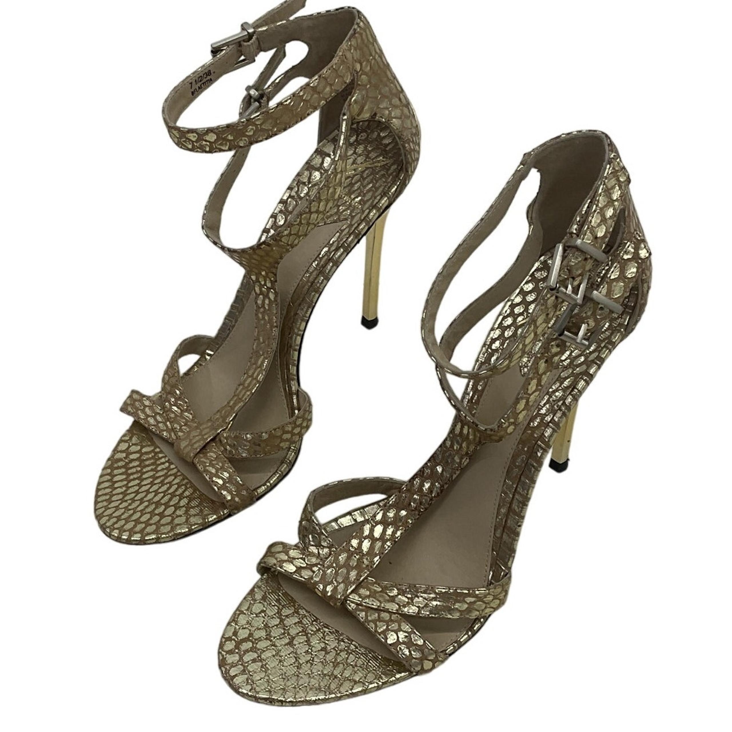 Brian Atwood Snake Print Metallic Gold Strappy Heels, Leather, Size 7.5