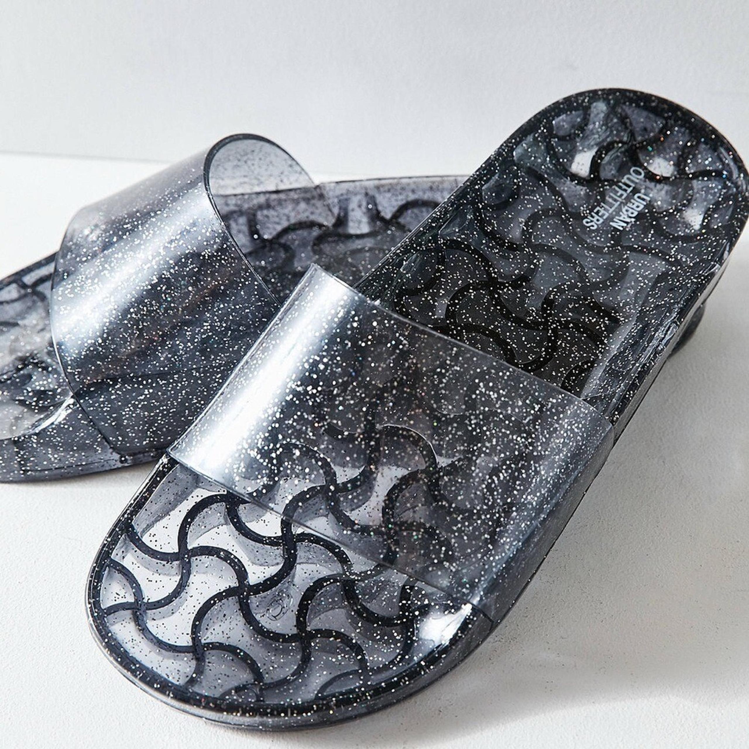 Urban Outfitters Jelly Pool Slider Sandals Women's 9 Black Glitter Beach Summer