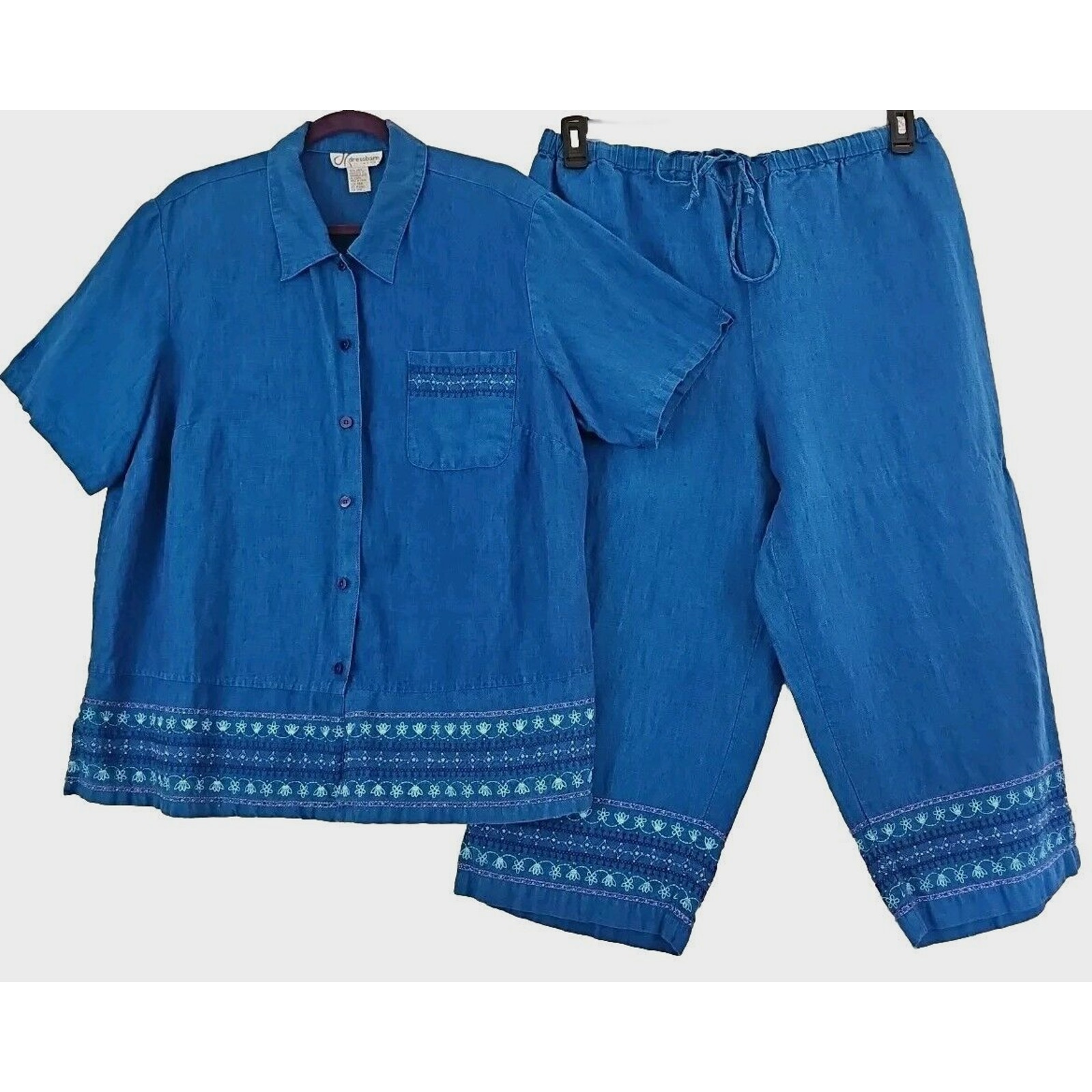 Dressbarn ~Woman Sz. 20W/18W~ Royal Blue Set Shirt/Capri Pants Linen Embroidered