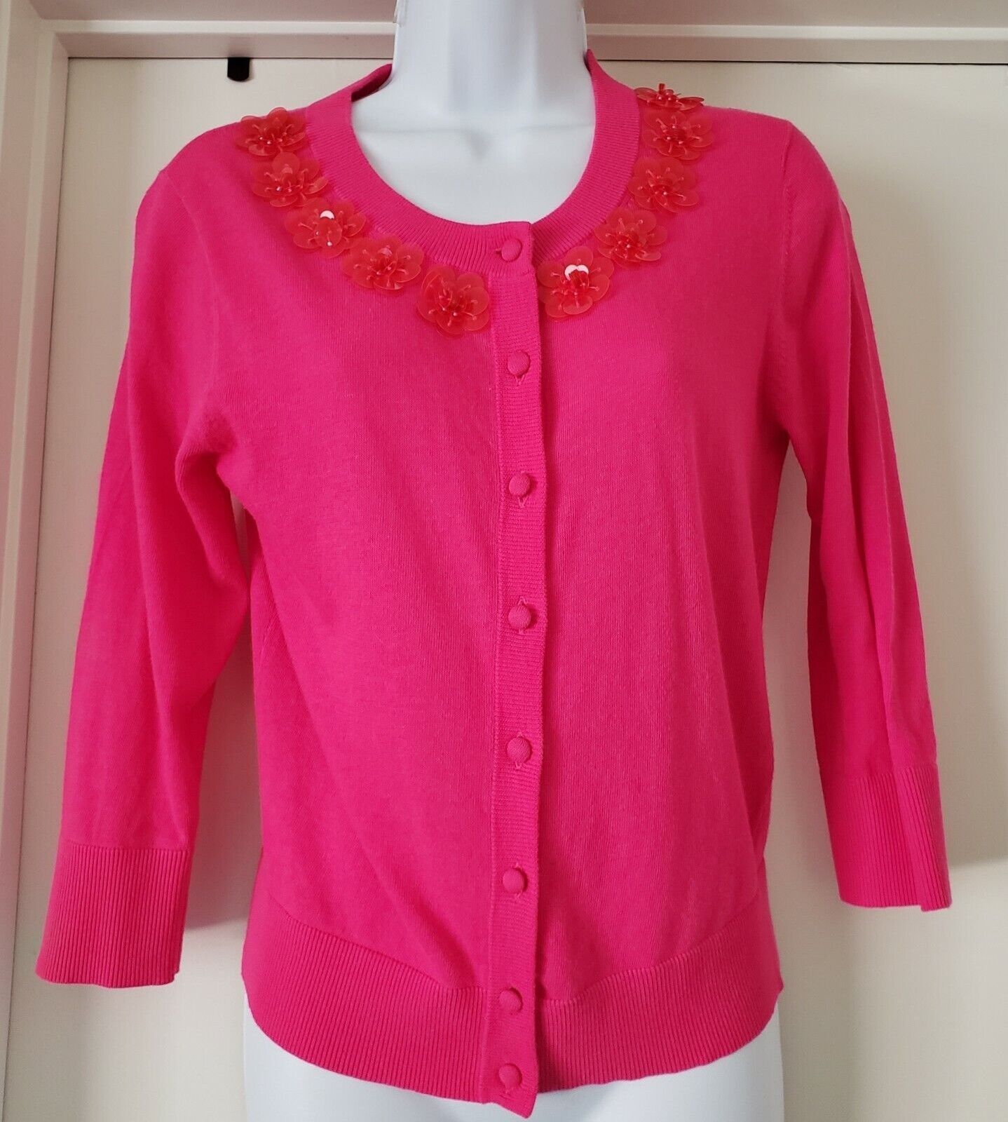 Kate Spade Live Colorfully Cardigan Bright Pink Floral Embellishment Womens Sz M