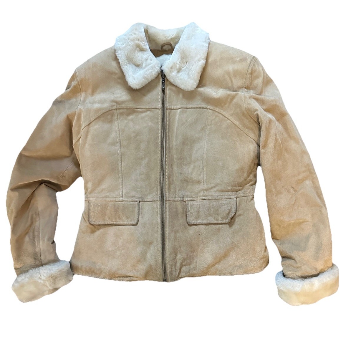 WILSONS LEATHER MAXIMA Tan SUEDE LEATHER & FAUX FUR SHEEPSKIN Coat JACKET Large