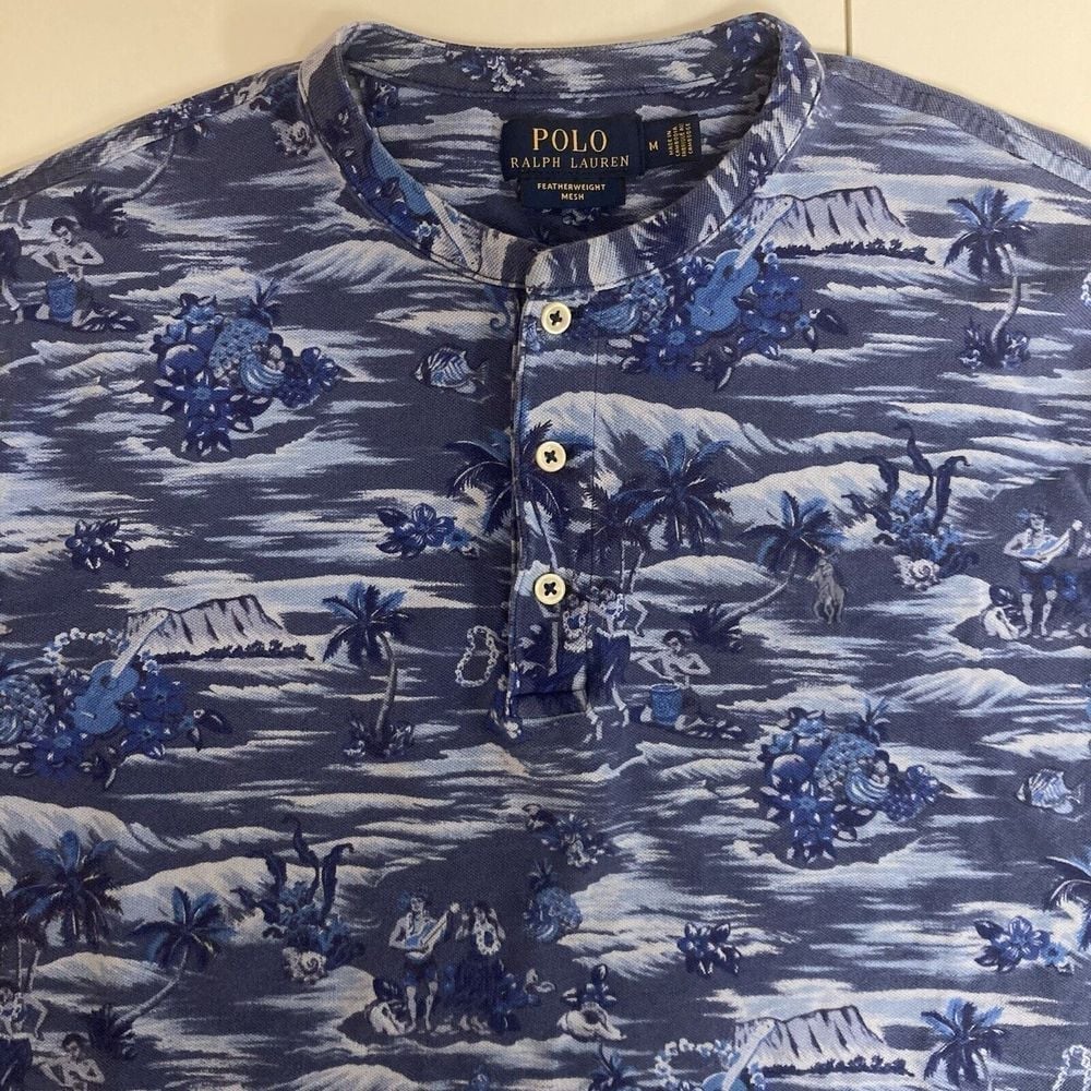 Polo Ralph Lauren Featherweight Mesh Henley Shirt Medium Blue Hawaiian Luau Hula