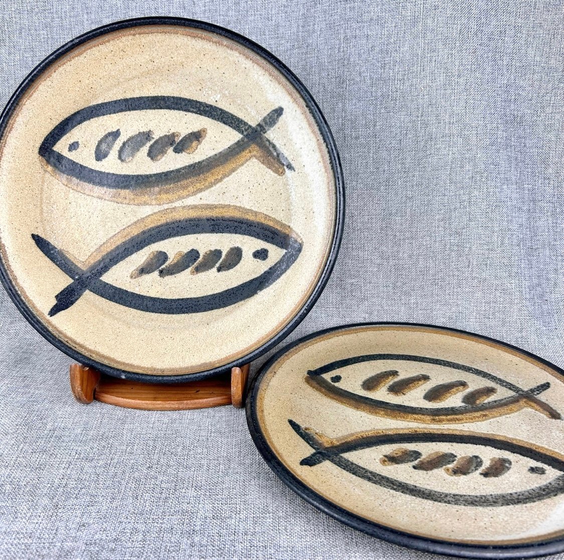 Pair of Studio Pottery Dinner Plates MCM Fish Motif