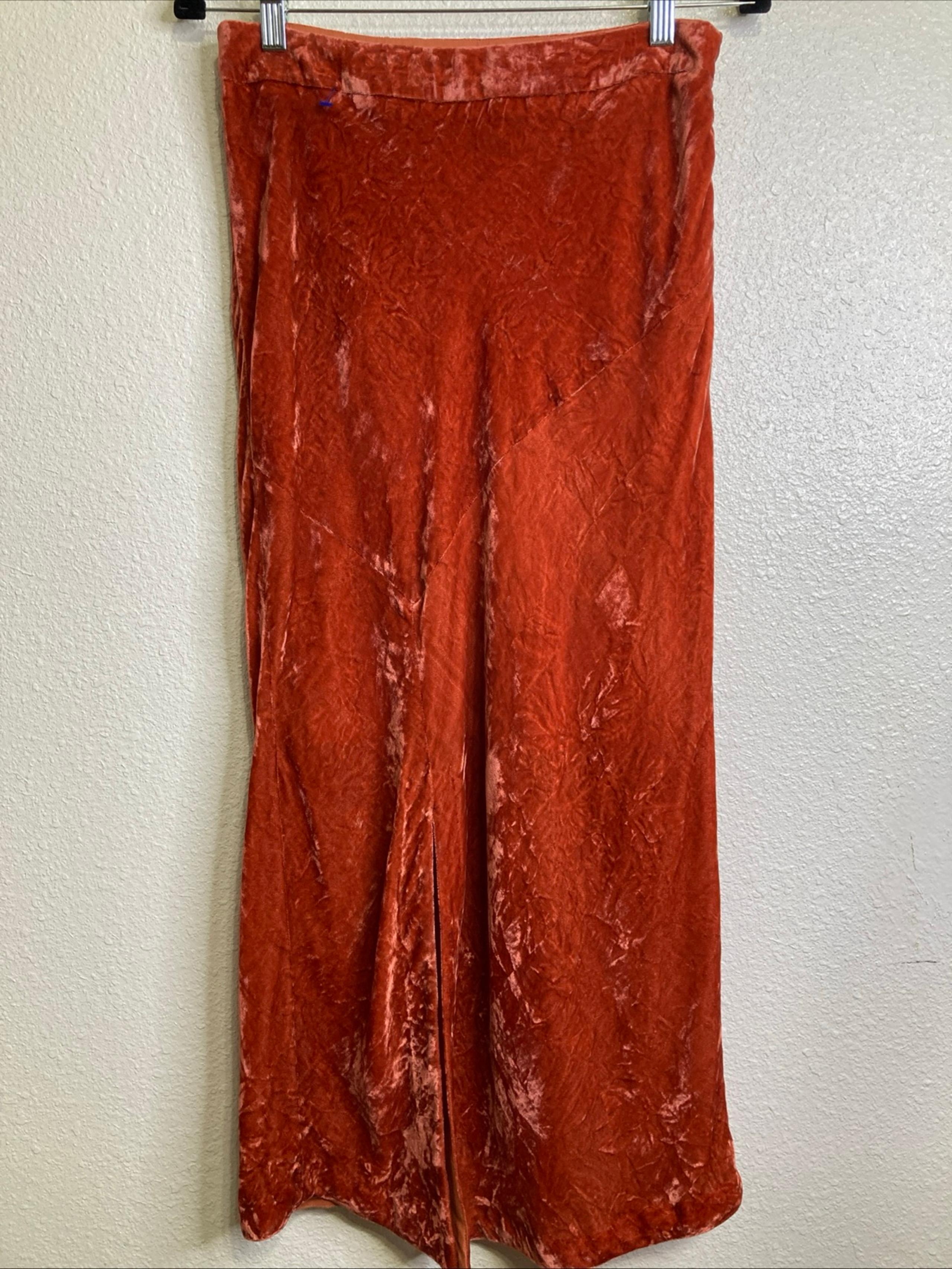 Maeve Crushed Velvet Midi Skirt Slit Lined Western Boho Orange 8 - Anthropologie