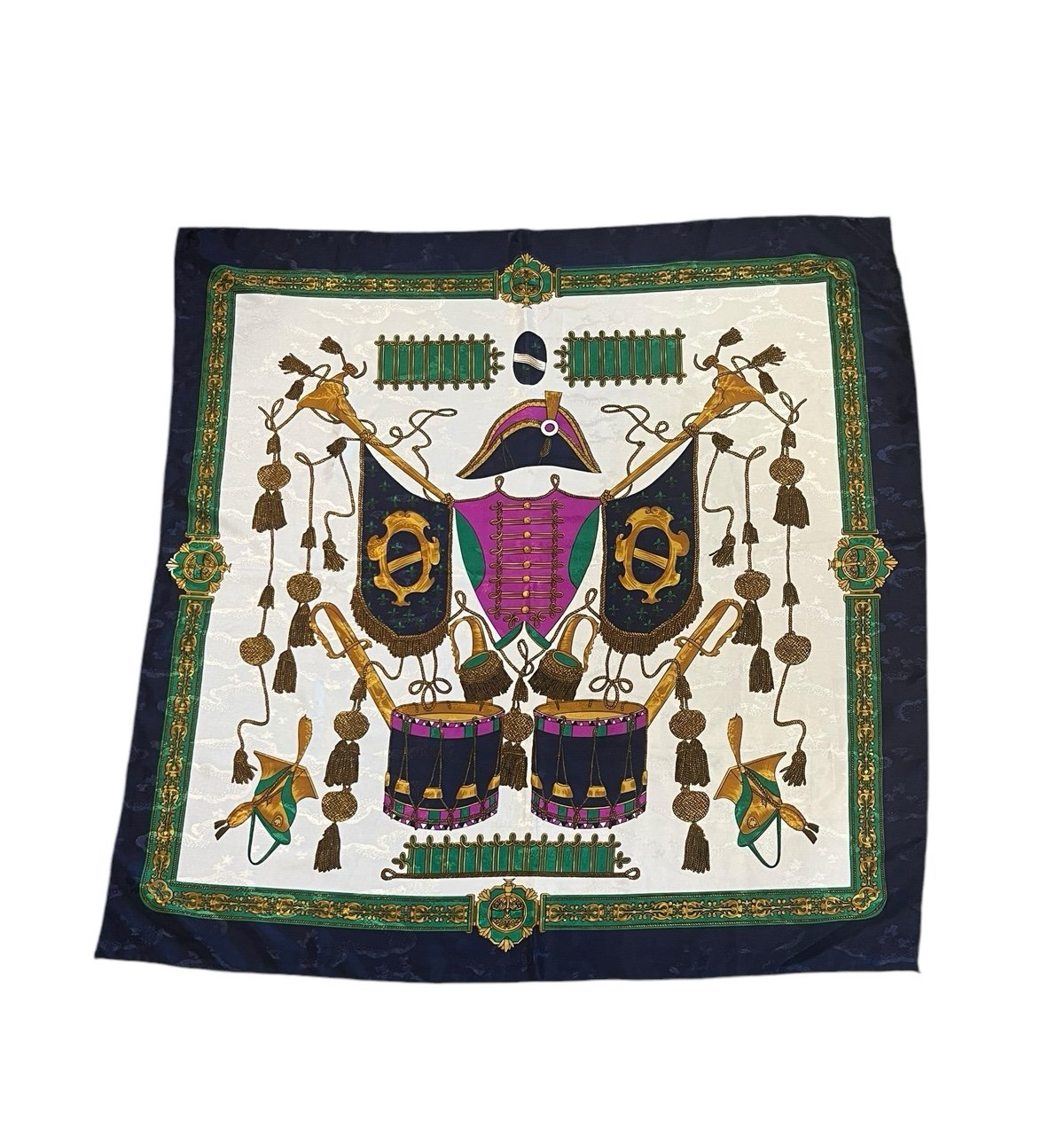 VTG 1970's Coat of Arms Scarf Polyester Iridescent White Blue Gold Square 33”