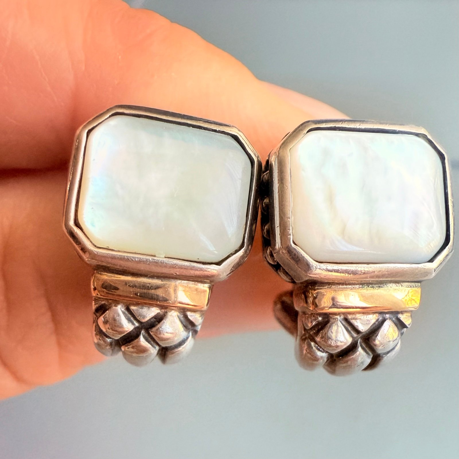 14k Gold & Sterling Silver 925 Mother of Pearl MOP Omega Earrings ROSS SIMONS