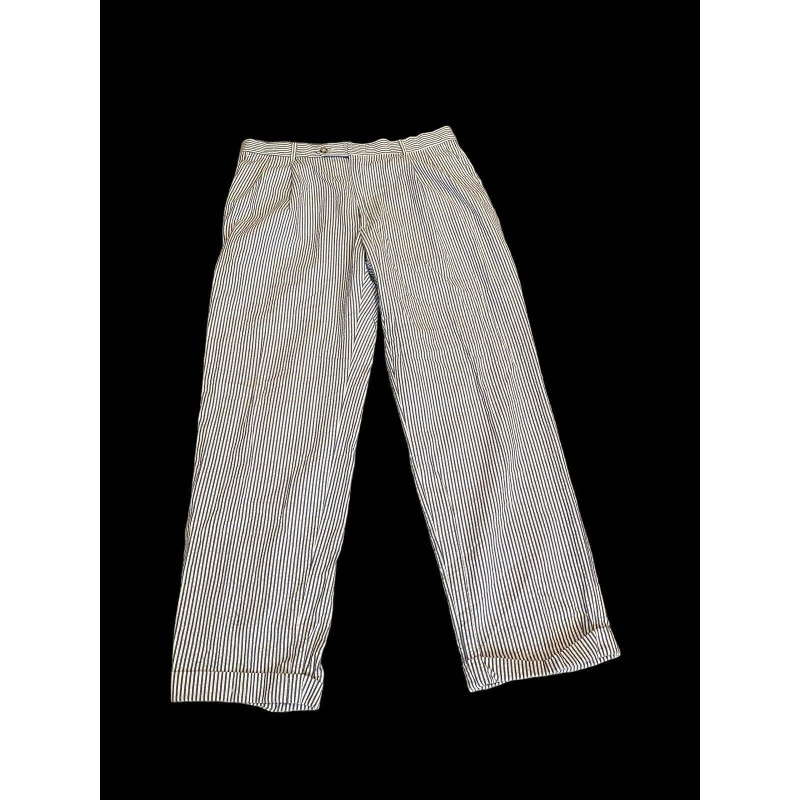 Berle Blue White Seersucker Pants Pleated Cuffed 36R Cotton 29" inseam