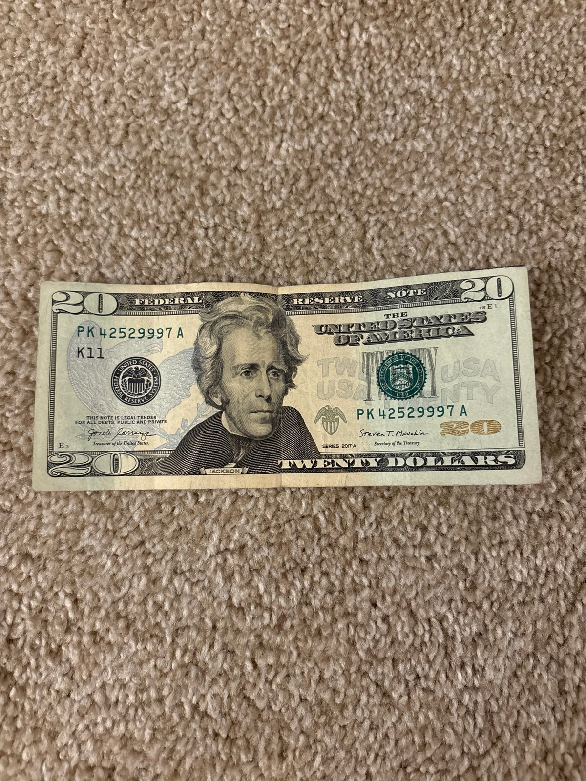 20 Dollar Bill Repeat Serial Number PK 42529997 A Federal Reserve (2017 A)