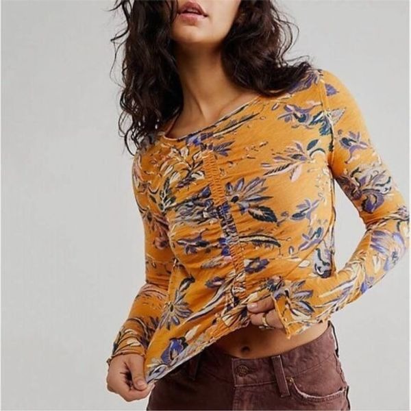 FREE PEOPLE Dreamed Of You Tee Long Sleeve Ruched Yellow Gold Floral Size XS New