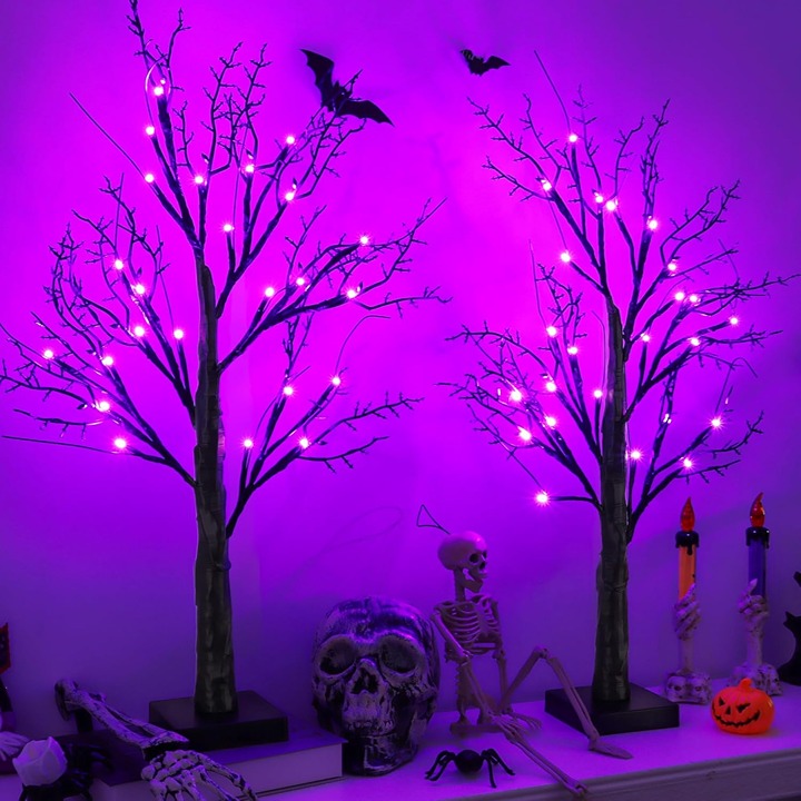 2Pack 24Inch Halloween Tree with 24 Purple Led Light, Timer/USB/Battery Operated