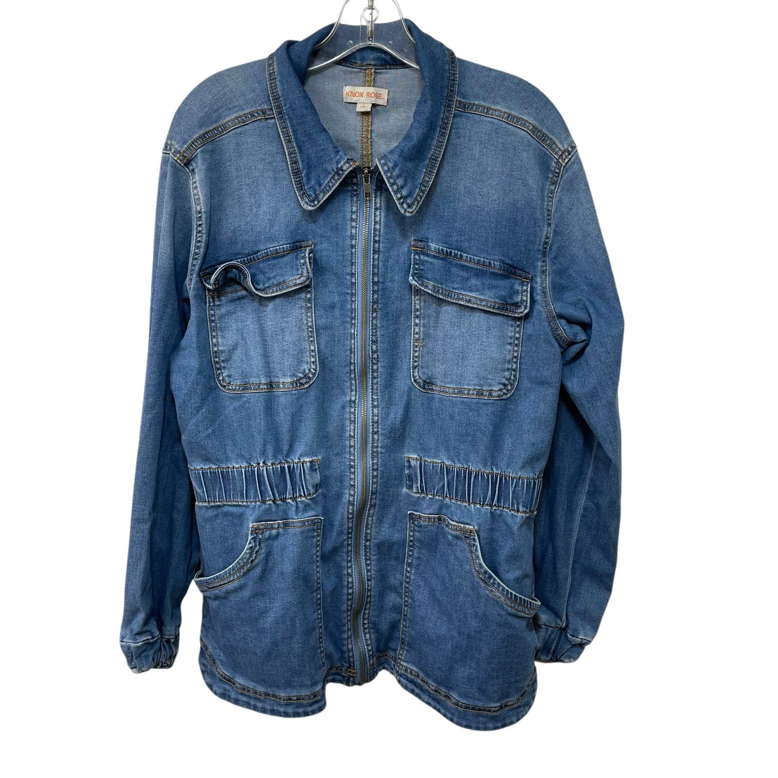 Knox Rose Denim Jacket Zip Front Elastic Waist and Sleeves 4 Pockets Stretch L