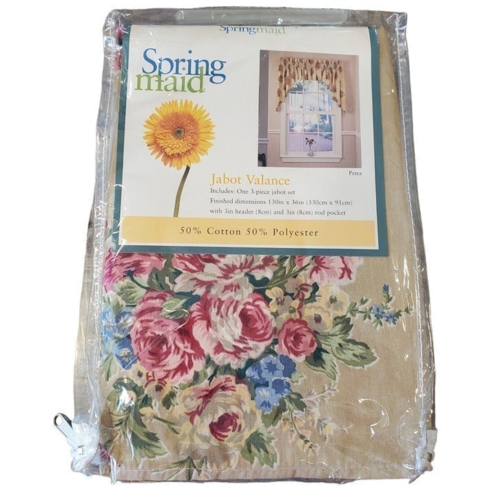 Springmaid 3 Piece Jabot Valance Set 130 x 36 Cream Country Roses Pink Blue