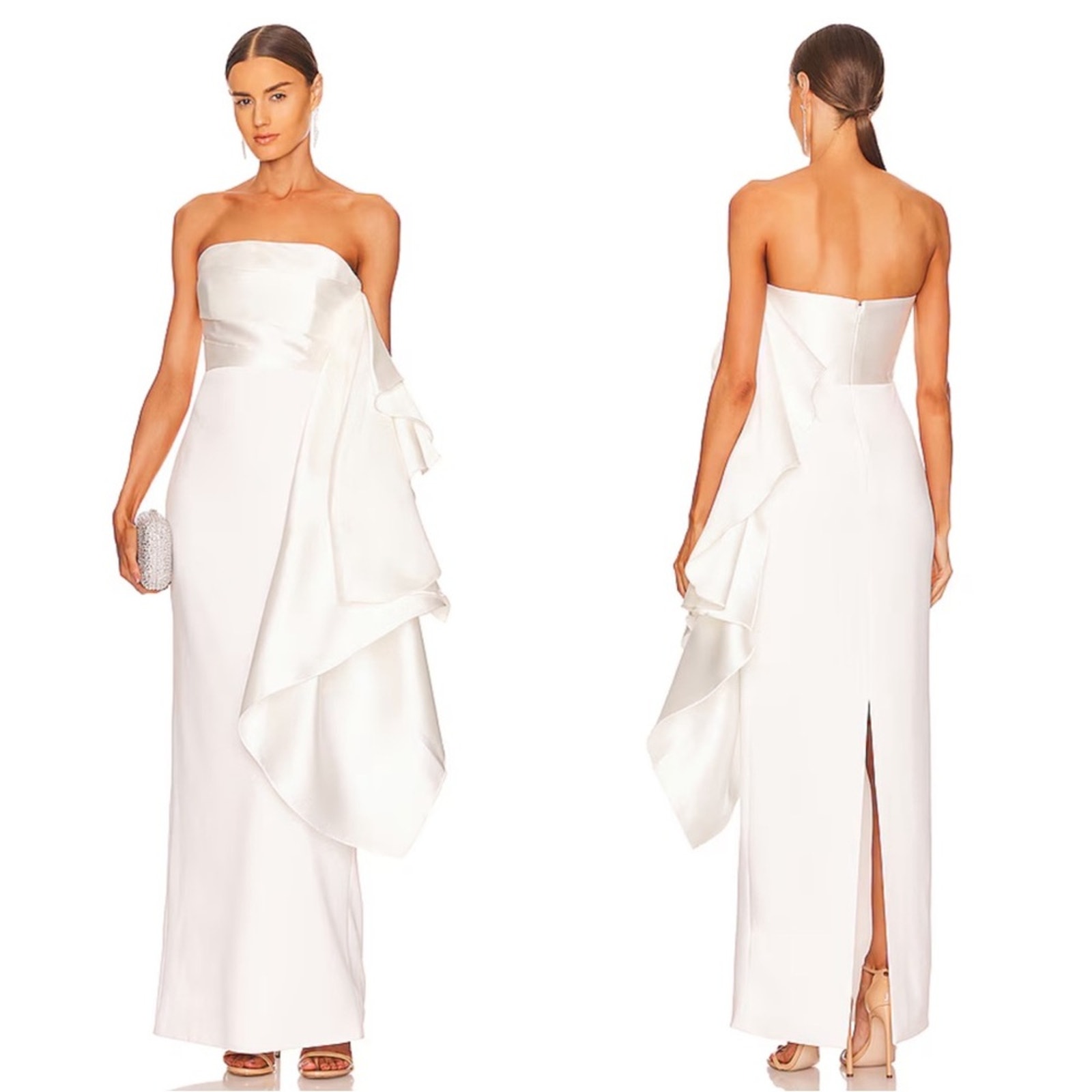 Solace London Cream White Milena Strapless Draped Ruffle Maxi Dress Size 6