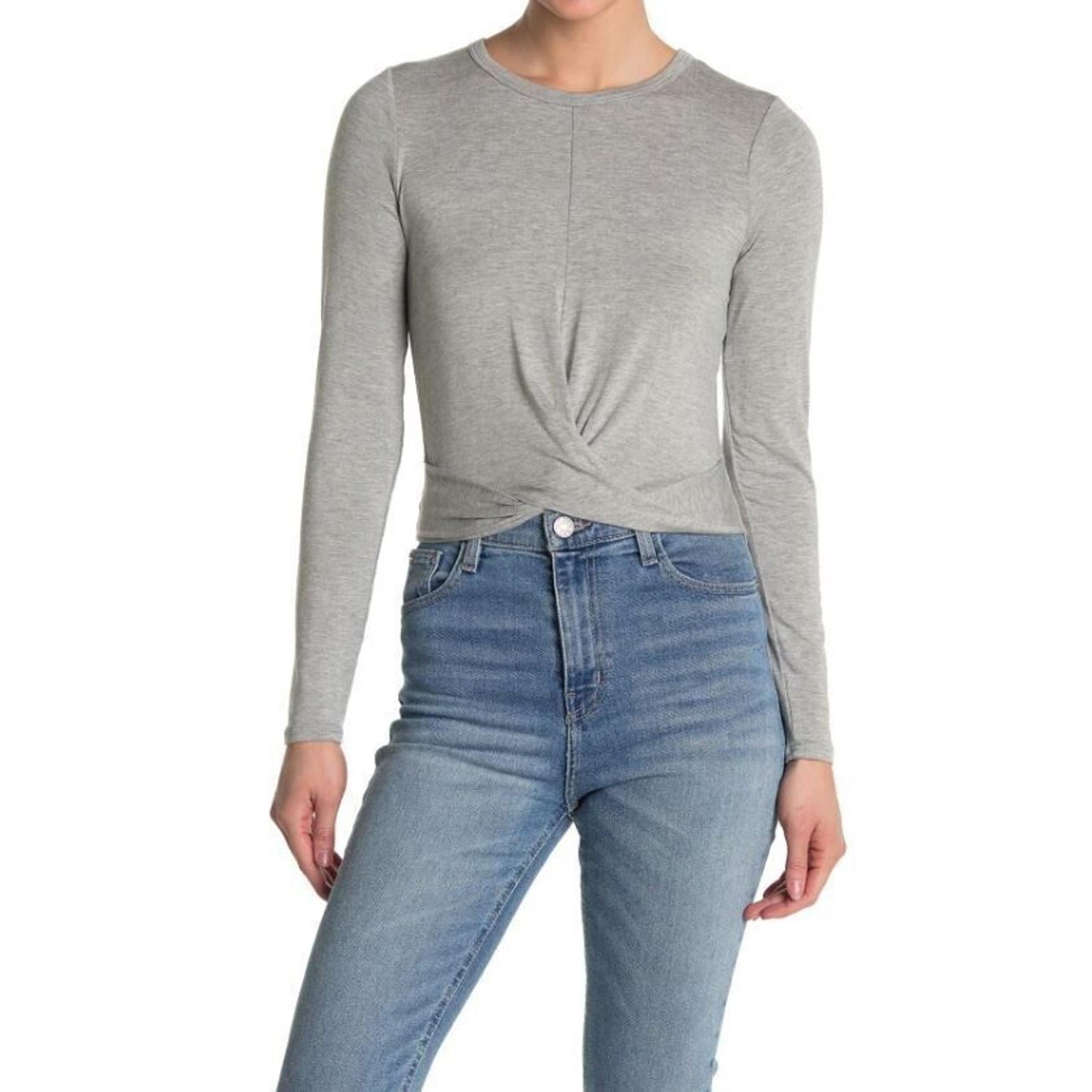 Socialite Women's Front Twist Long Sleeve Round Neck Top Grey Small $20