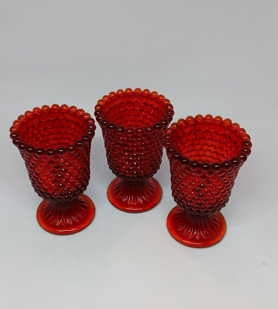 Vintage Three Fenton Glass Ruby Red Hobnail 4 Pedestal Votive Candle Holders