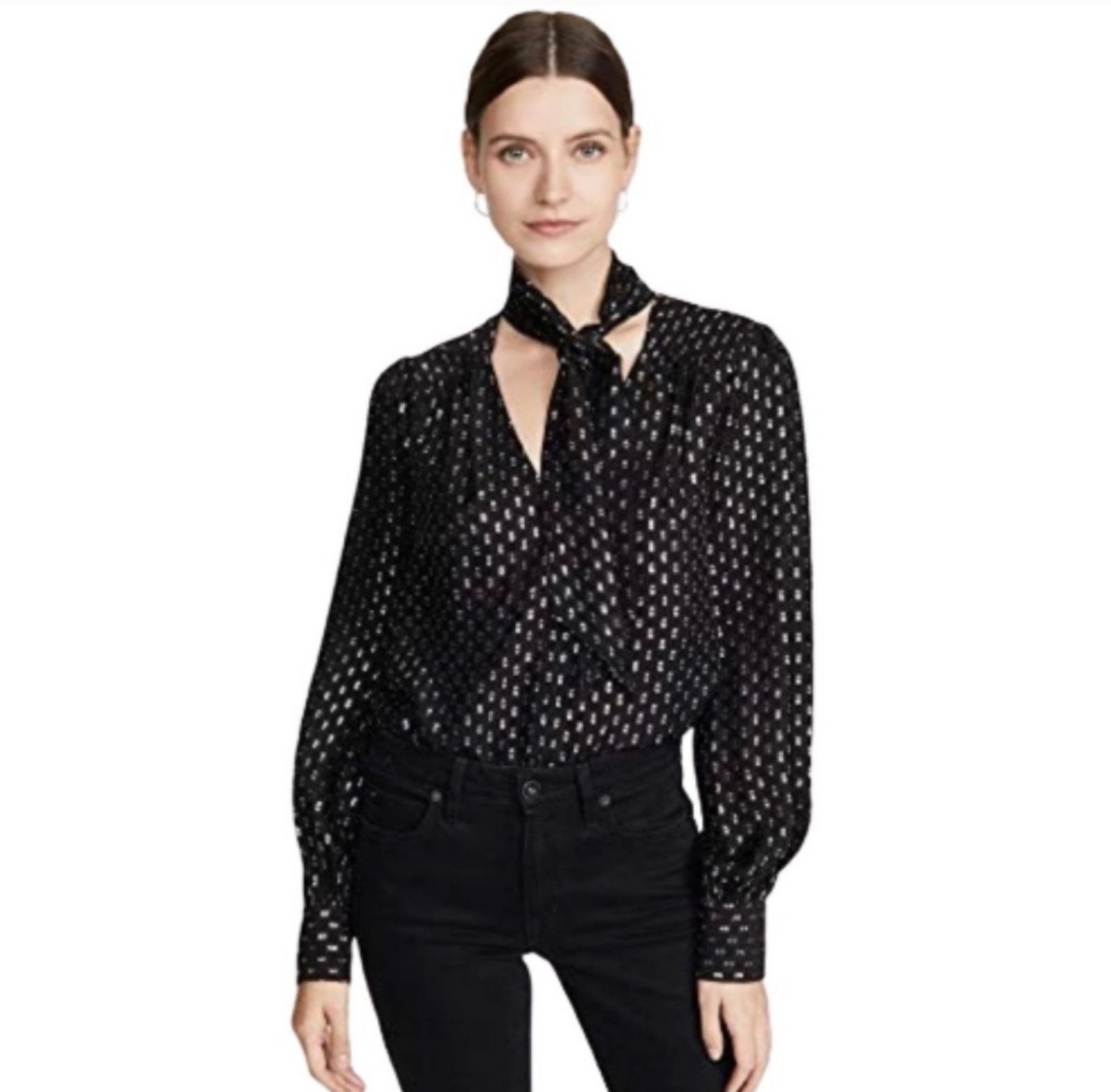 LIKE NEW Paige Black Silk Cleobelle Sheer Metallic Shimmer Party Blouse Size S