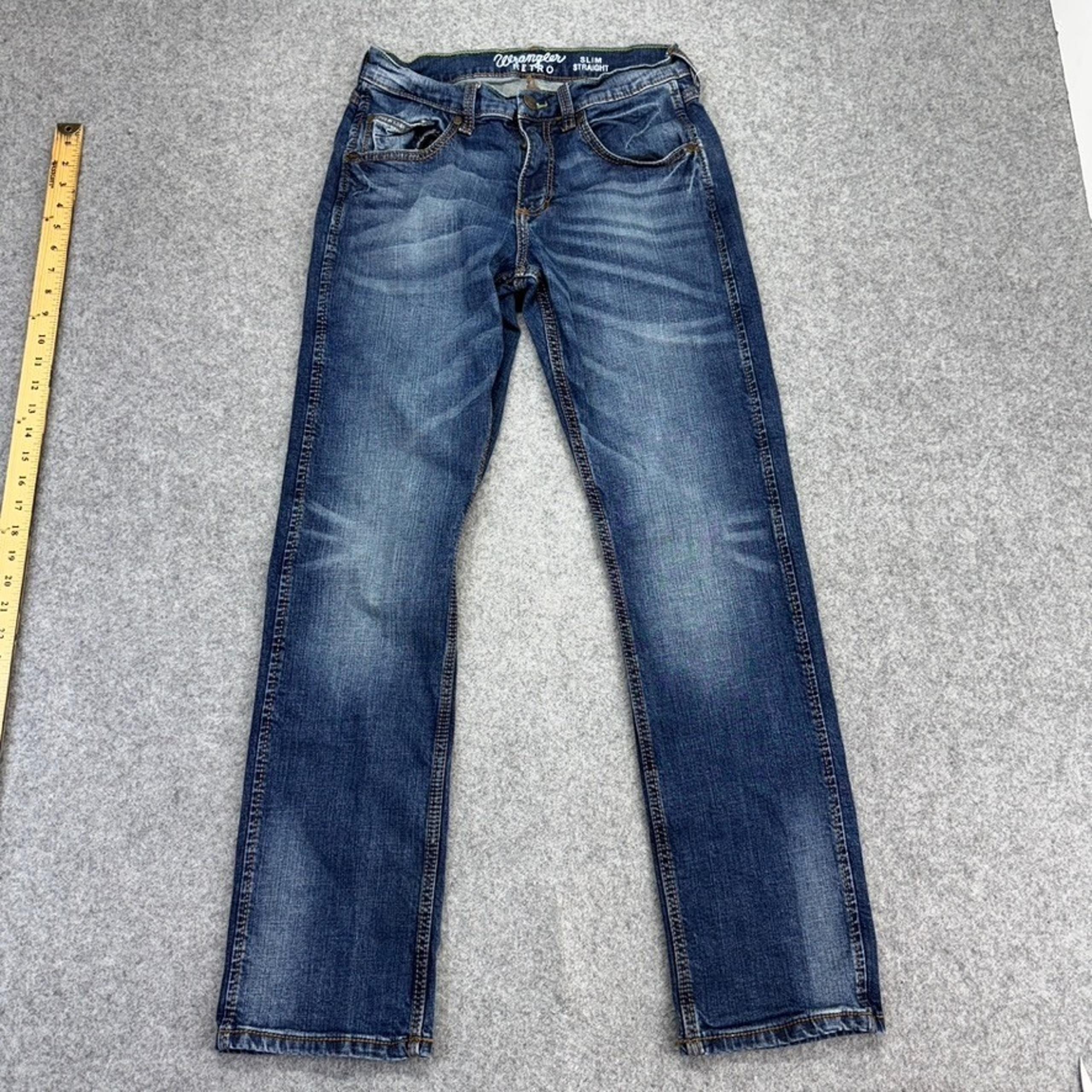 Wrangler Retro Slim Straight Jeans Men 28x30 Blue Distressed Stretch Mid Wash