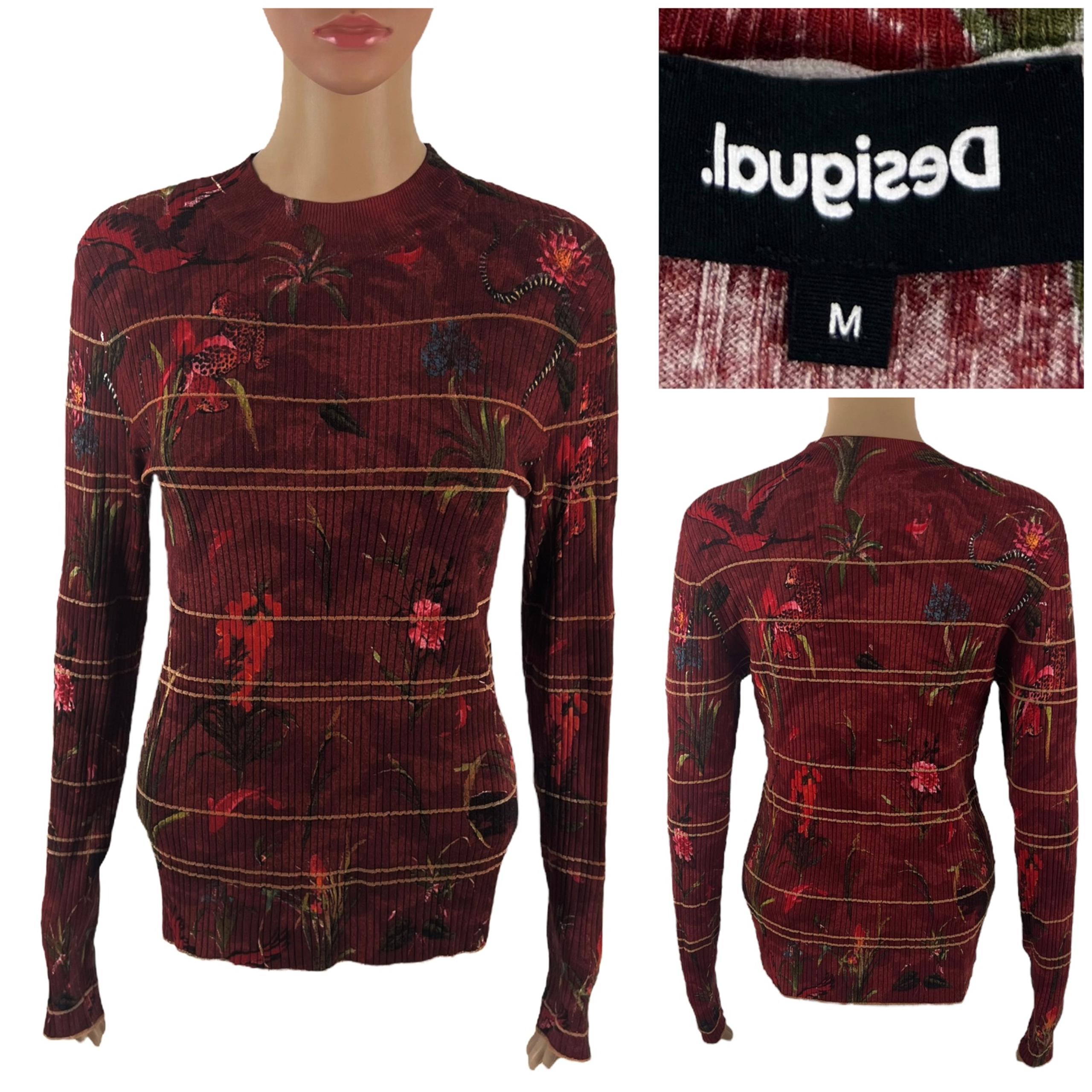 Desigual Womens Medium Sweater Knitwear CrewNeck Leopard Floral Striped EUC