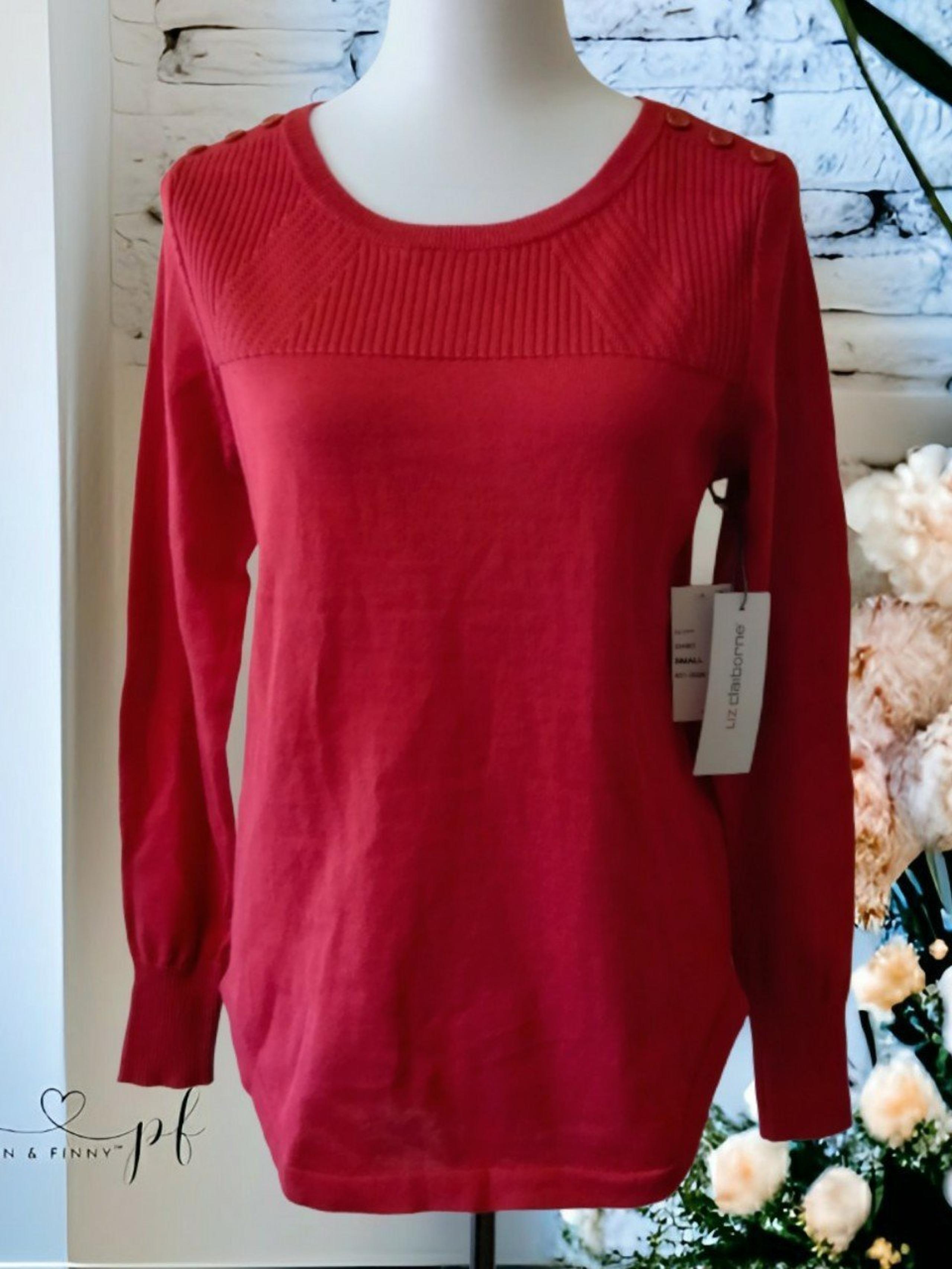 NWT Liz Claiborne Red Scoop Neck Long Sleeve Button Accent Sweater Sz Small