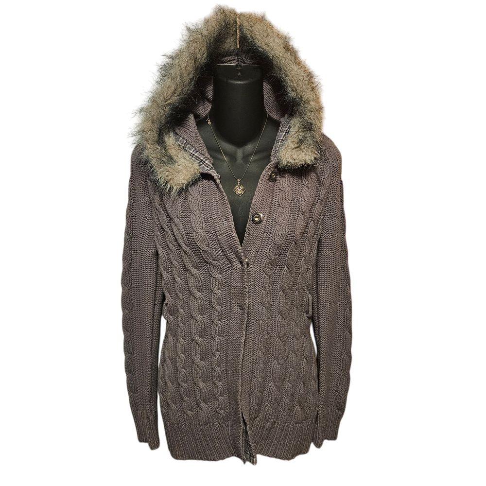 Roxy Cable Knit Hooded Cardigan with Faux Fur Trim