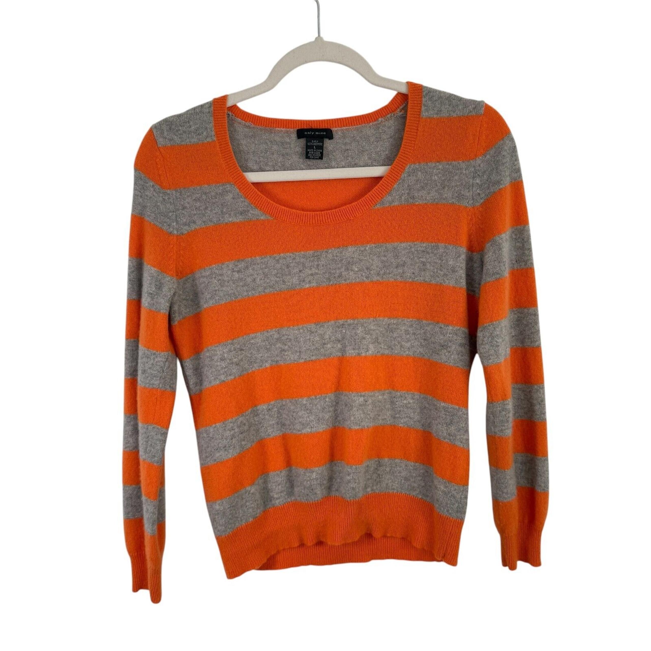 Only Mine Orange Grey Striped 100% Cashmere Sweater Capsole Preppy Womens Large