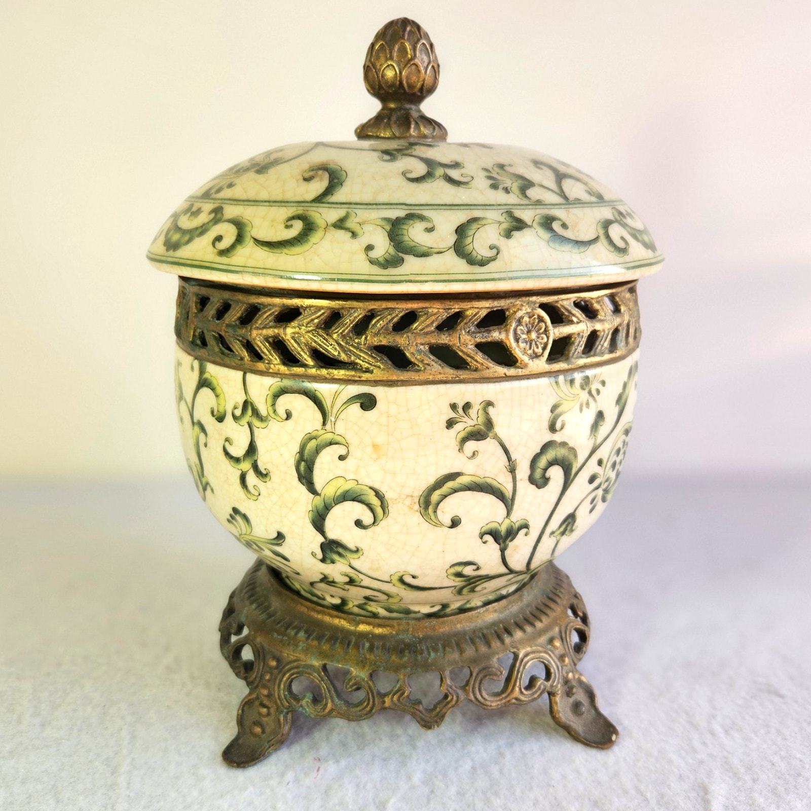 Vintage Chinese Ceramic Lidded Vessel With Brass Base & Accents