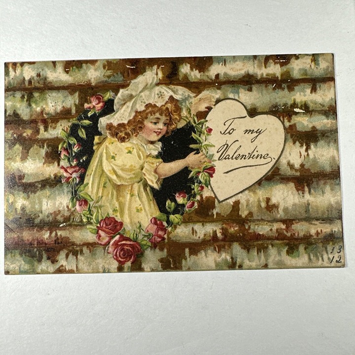 1901 Valentine Day Card Heart Young Girl Heart Shape Window In A Cabin