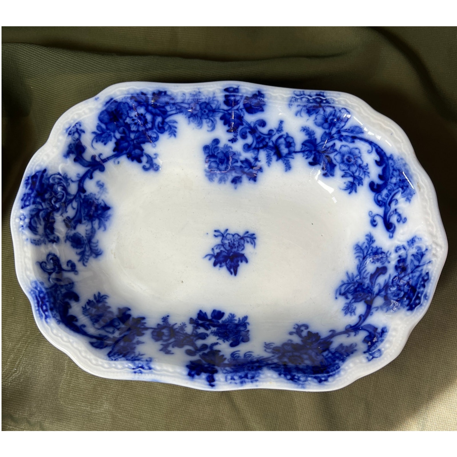 Antique Blue Flow Lancaster New Wharf Pottery 1891 Oval Serving Dish