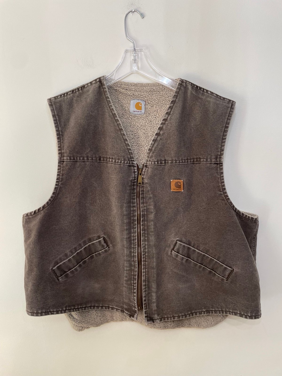 Vintage Carhartt Classic Vest Sherpa Lined Canvas Workwear Brown Zip Up SZ XXL?