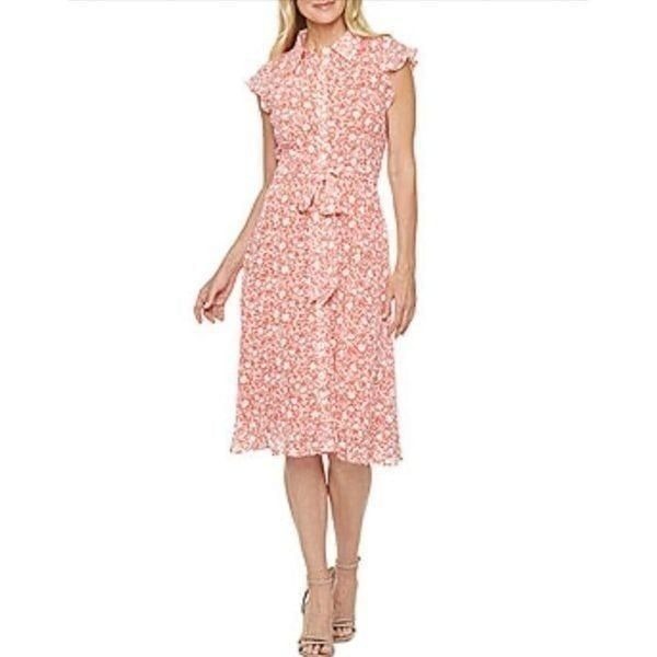 Nicole Miller Coral Floral Flutter Sleeve Button Down Shirt Dress Size 10