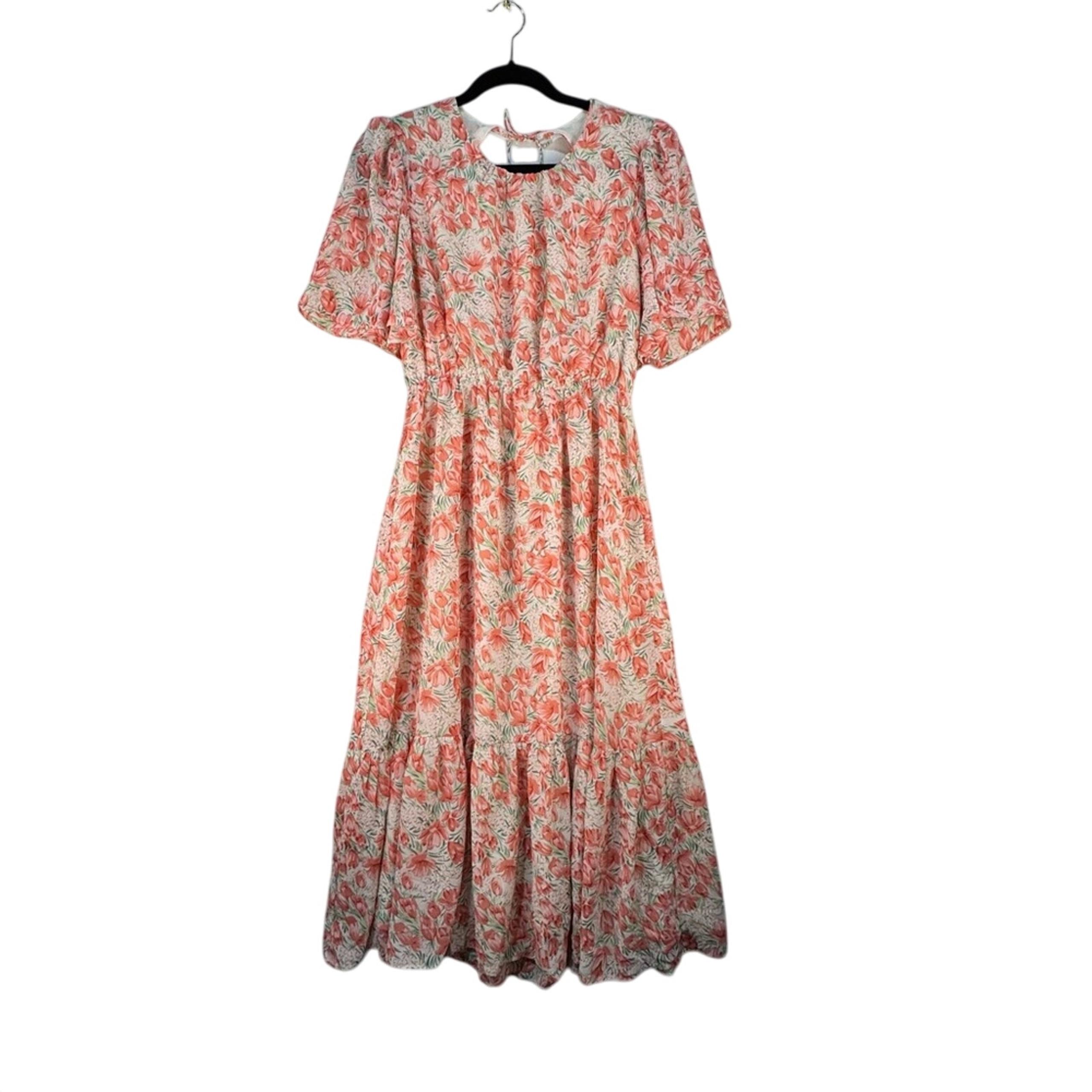 Coral Floral Open Back Dress Women’s Size Medium Coquette Western Prairie - Lush