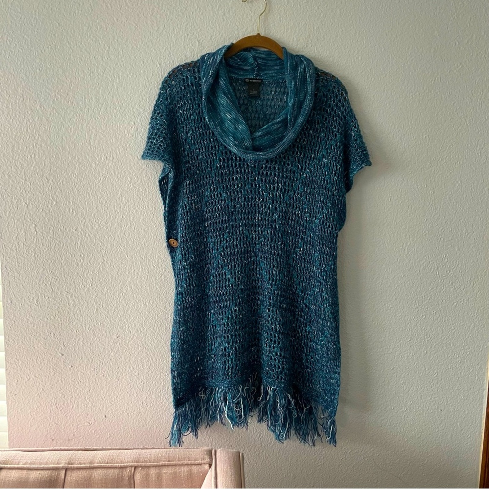 Blue turtleneck Poncho Open Weave Triblend with Fringe size Large