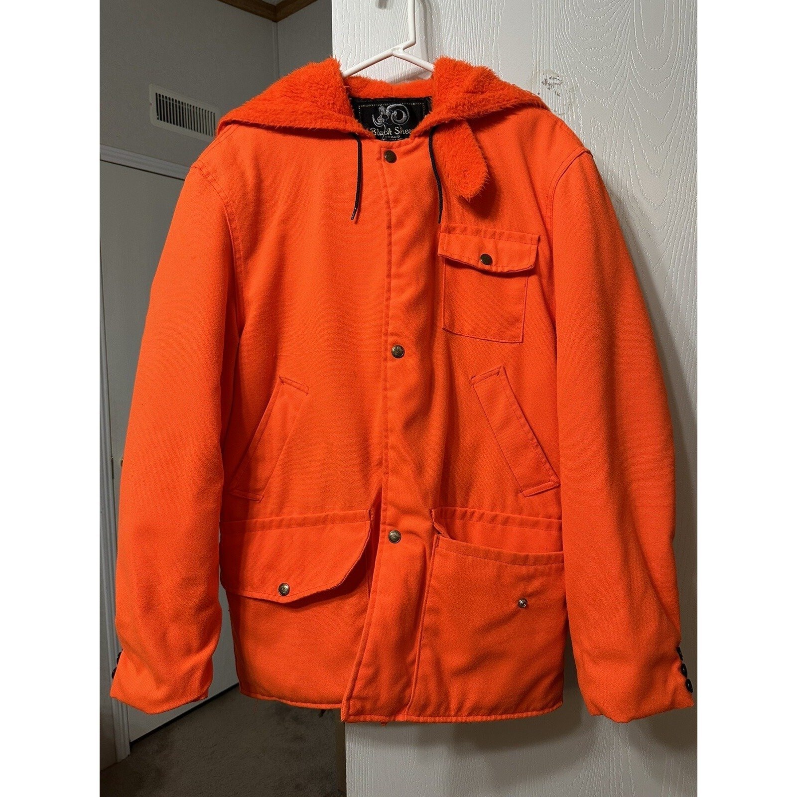 Vintage Black Sheep Neon Orange Hunting Jacket Zip Hood Pockets High Visibility