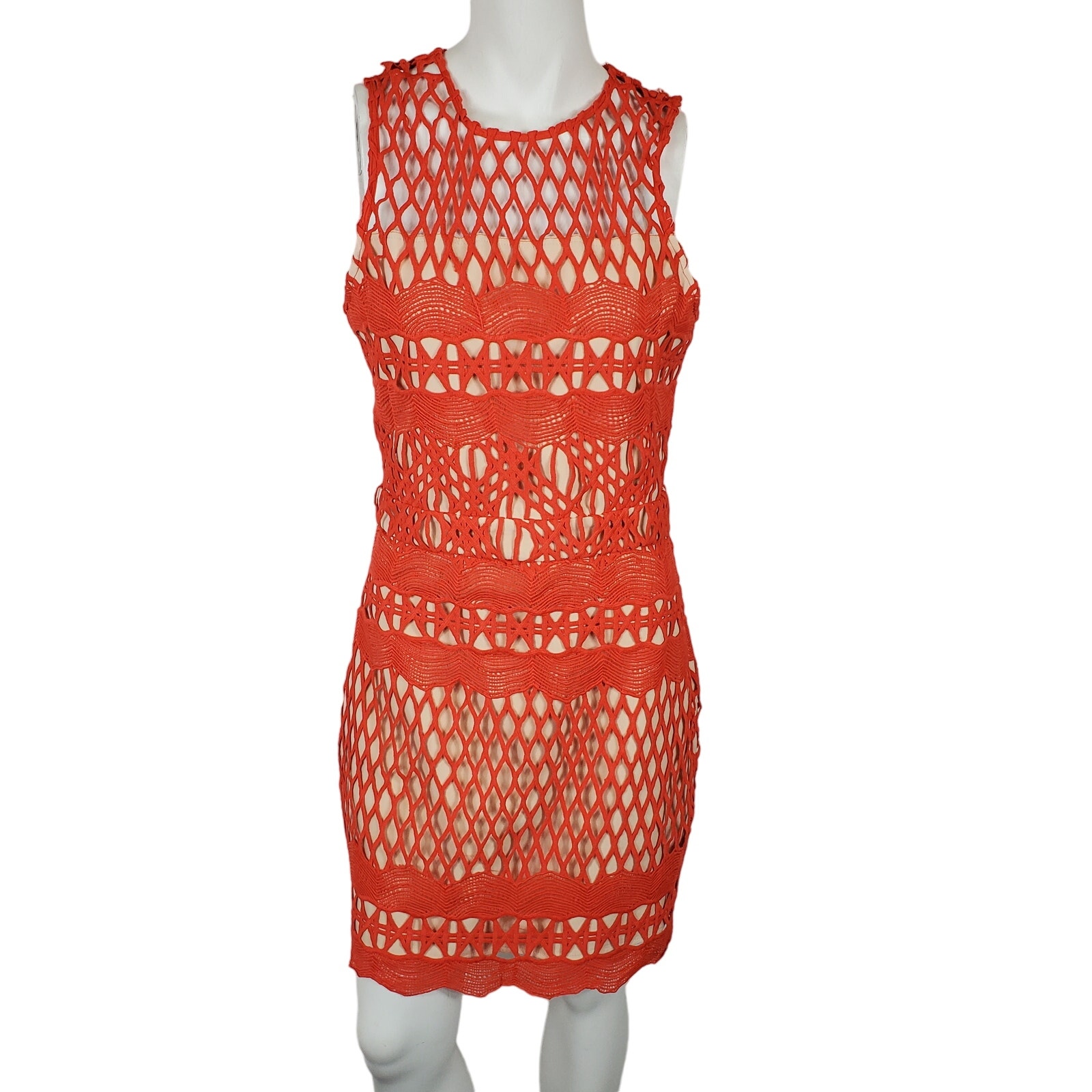 NWT Endless Rose Orange Open Weave Nude Lining Wide Zipper Sleeveless Dress Med