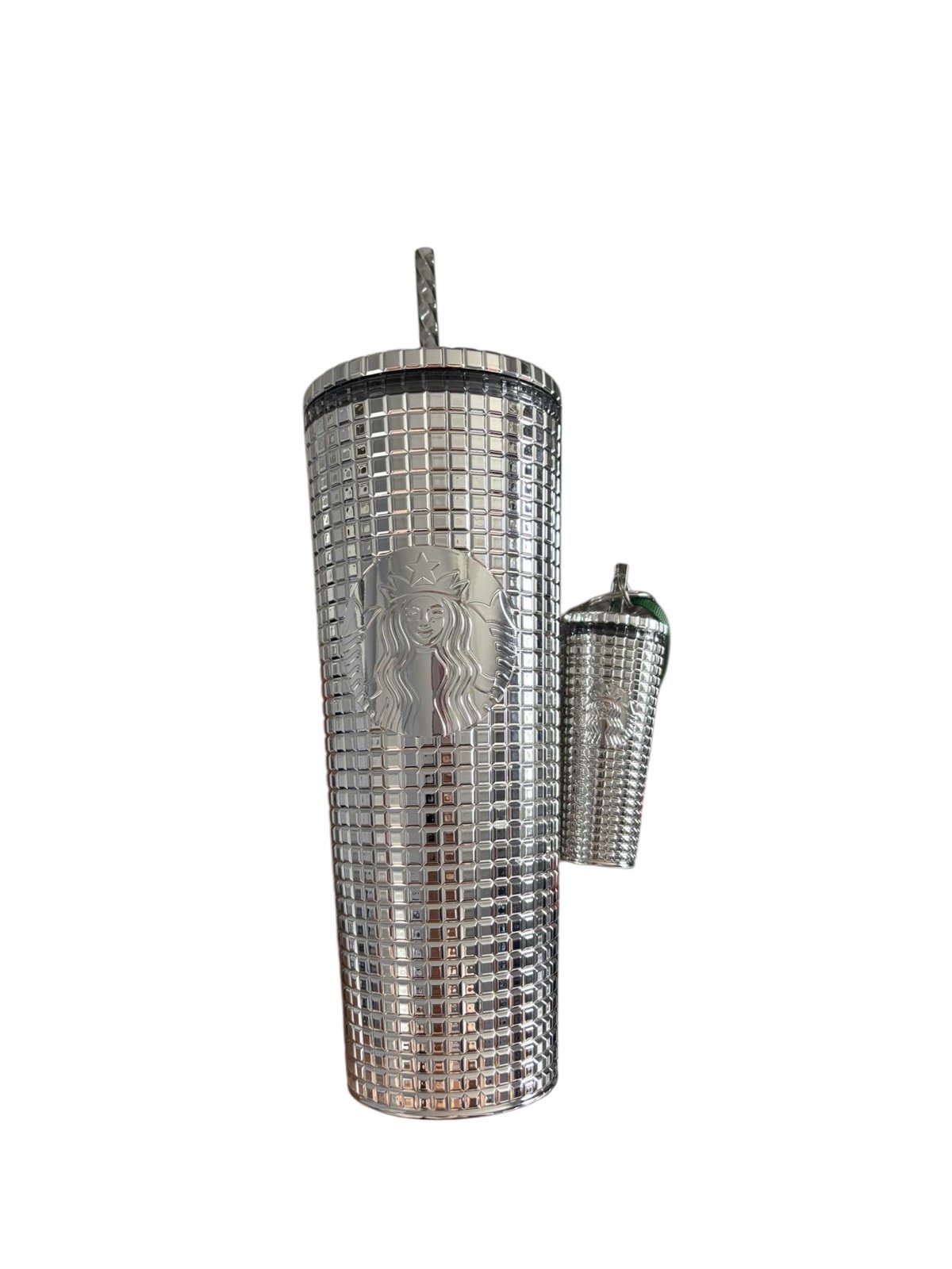 STARBUCKS HOLIDAY SILVER MIRROR GRID 24 OZ TUMBLER COLD CUP AND KEYCHAIN