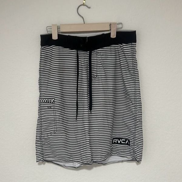RVCA Mens Black White Striped Swim Trunks Surf Boardshorts Size 28